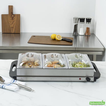 Wholesale Restaurantware Kitchen Tek Stainless Steel Buffet Server and Food Warmer - 120v, with (3) 2.5 Qt Buffet Pans - 1 Count Box- Bulk