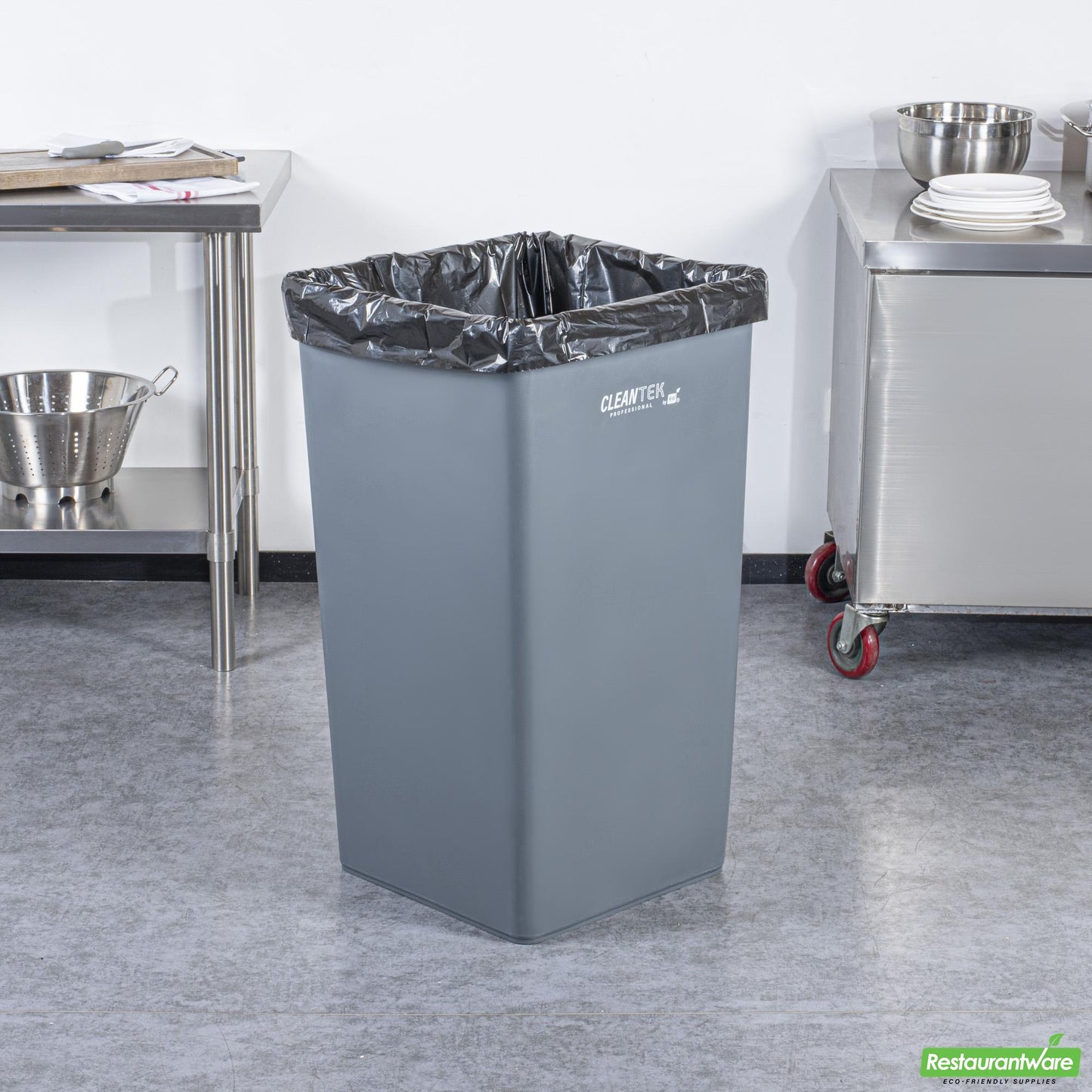 Wholesale Restaurantware Clean Tek Professional 50 Gal Square Gray Plastic Trash Can - 19 1/2" X 19 1/2" X 34 1/4" - 1 Count Box- Bulk