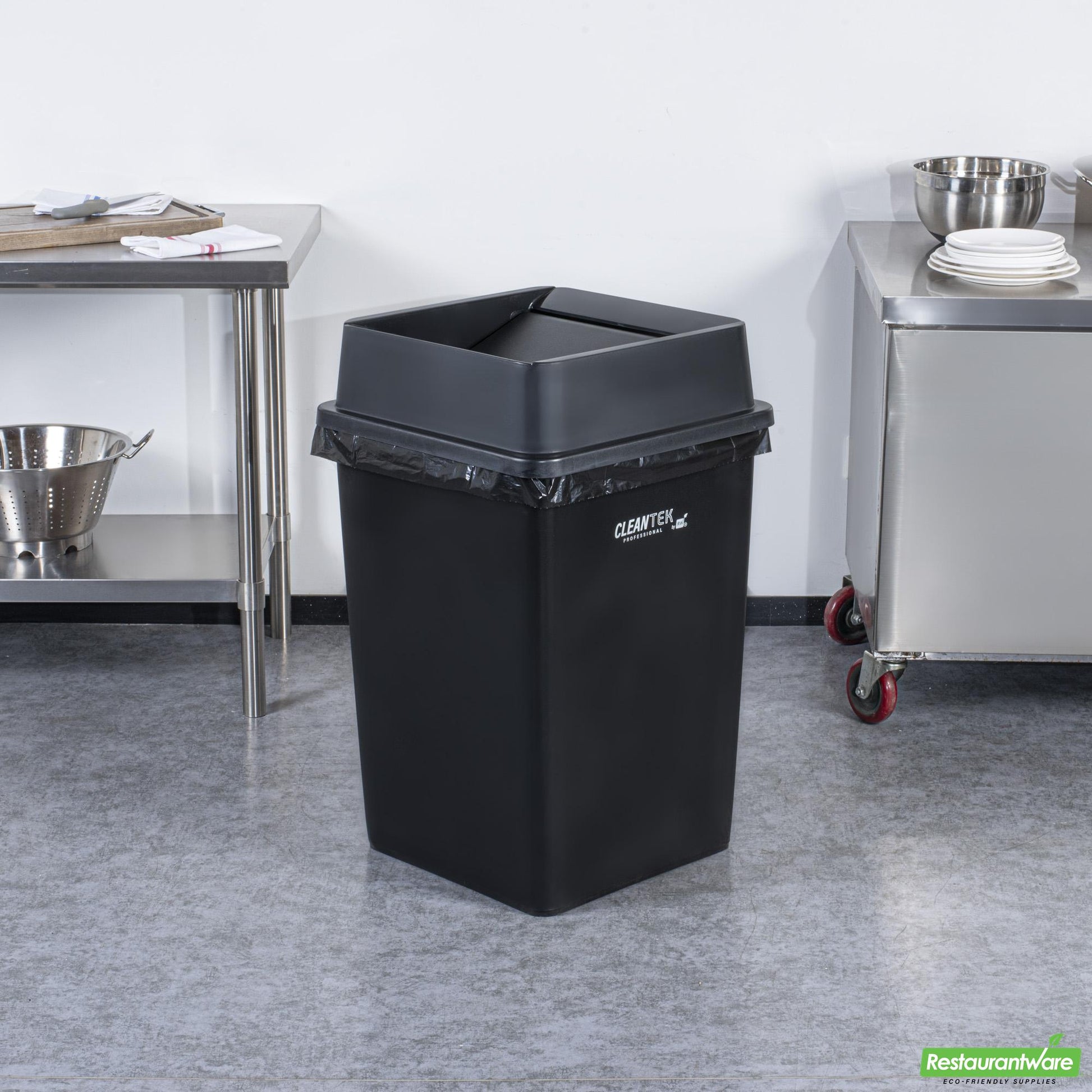 Wholesale Restaurantware Clean Tek Professional Square Black Plastic Swing Lid - Fits 35 / 50 Gal Square Trash Can - 1 Count Box- Bulk