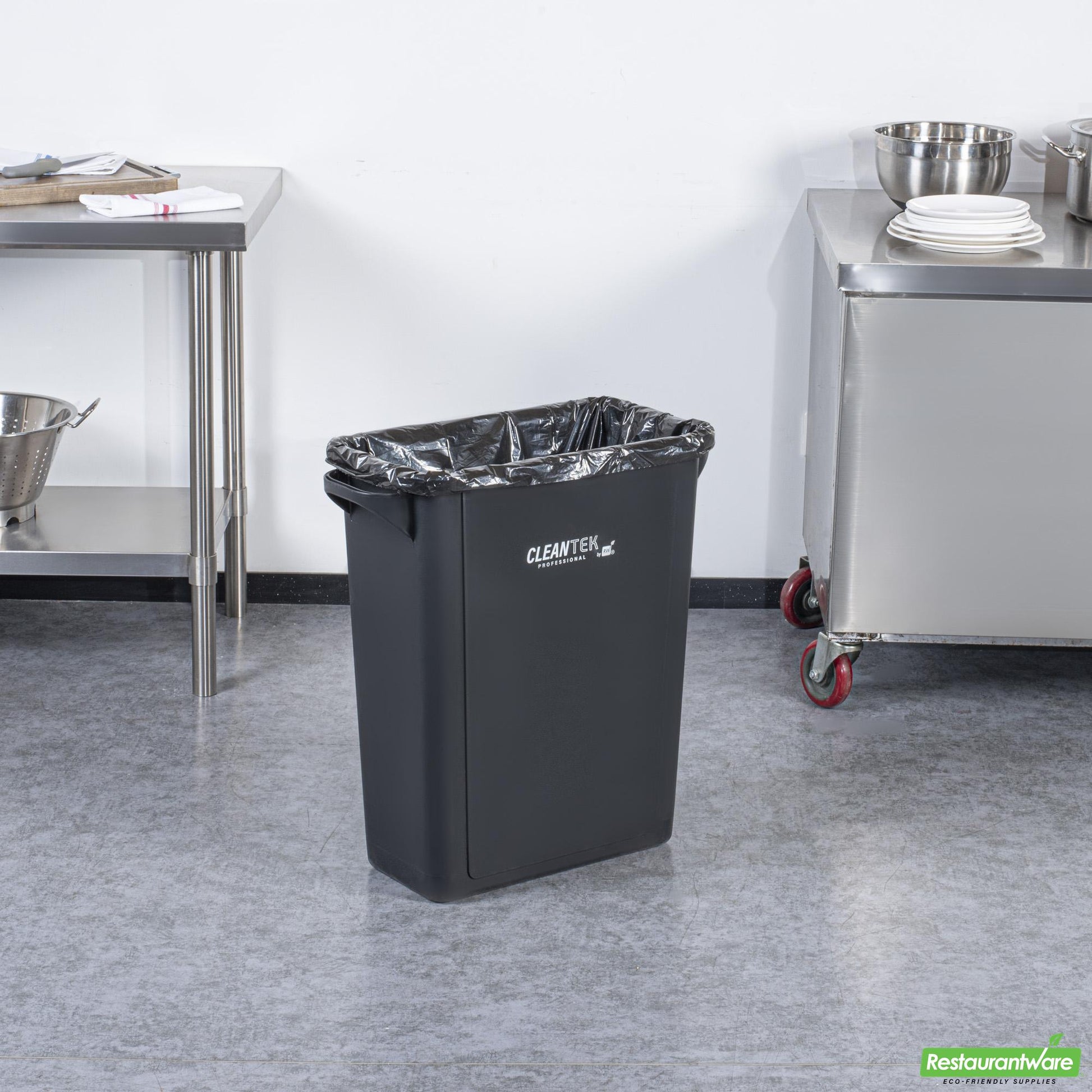Wholesale Restaurantware Clean Tek Professional 15 Gal Rectangle Black Plastic Slim Trash Can - with Handles - 24" X 10 3/4" X 24 3/4" - 1 Count Box- Bulk