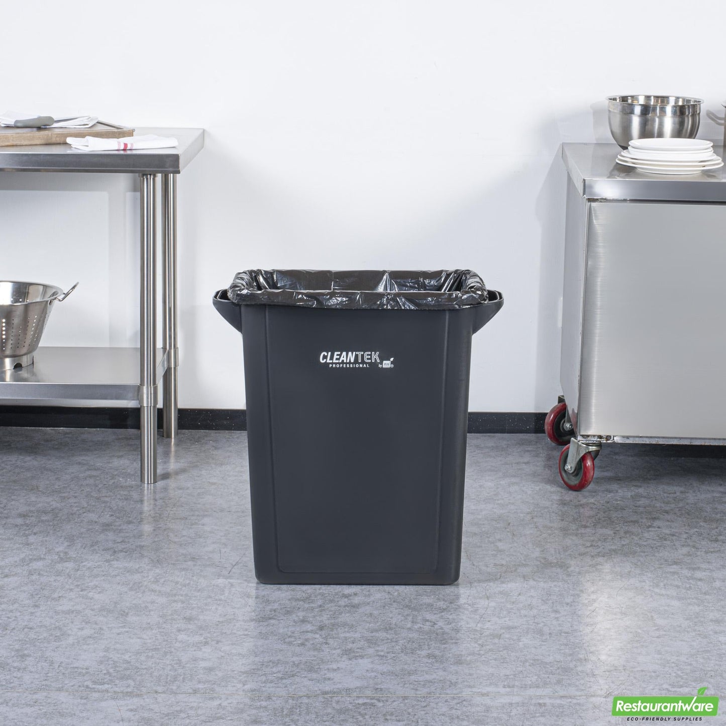 Wholesale Restaurantware Clean Tek Professional 15 Gal Rectangle Black Plastic Slim Trash Can - with Handles - 24" X 10 3/4" X 24 3/4" - 1 Count Box- Bulk