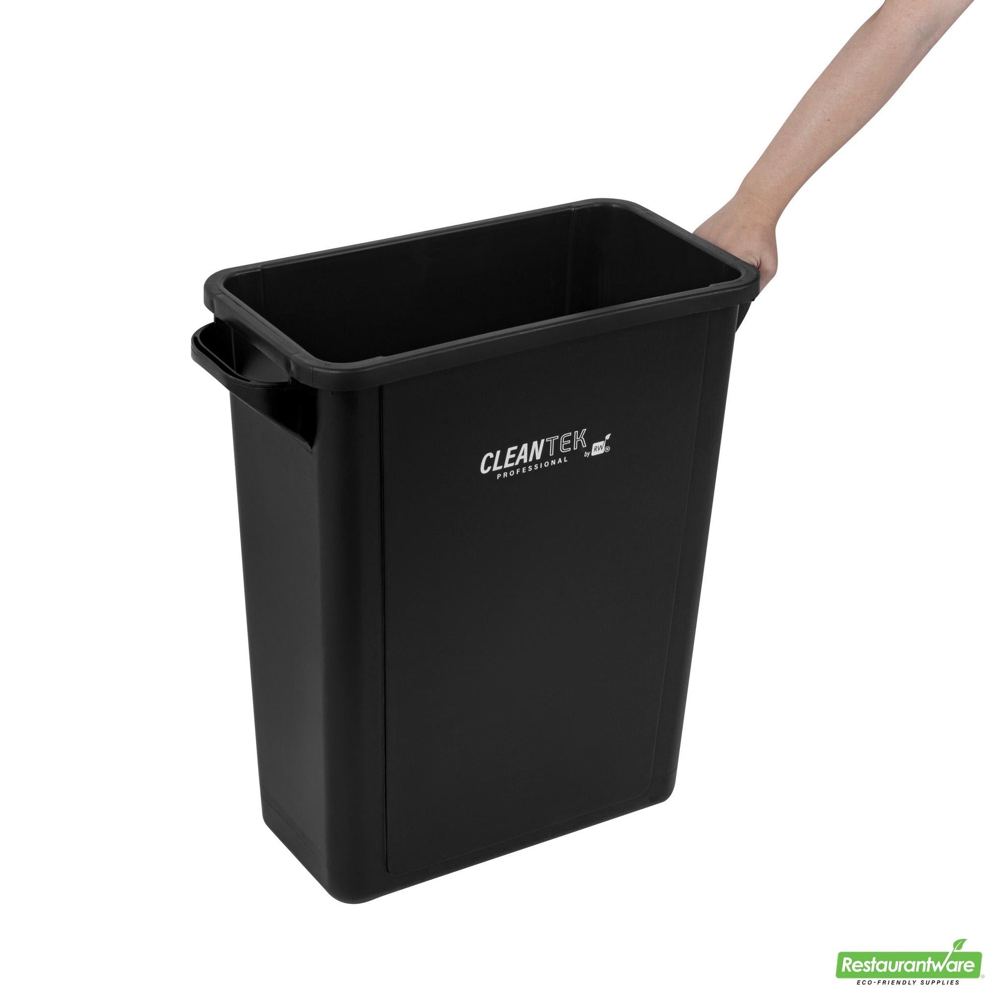 Wholesale Restaurantware Clean Tek Professional 15 Gal Rectangle Black Plastic Slim Trash Can - with Handles - 24" X 10 3/4" X 24 3/4" - 1 Count Box- Bulk