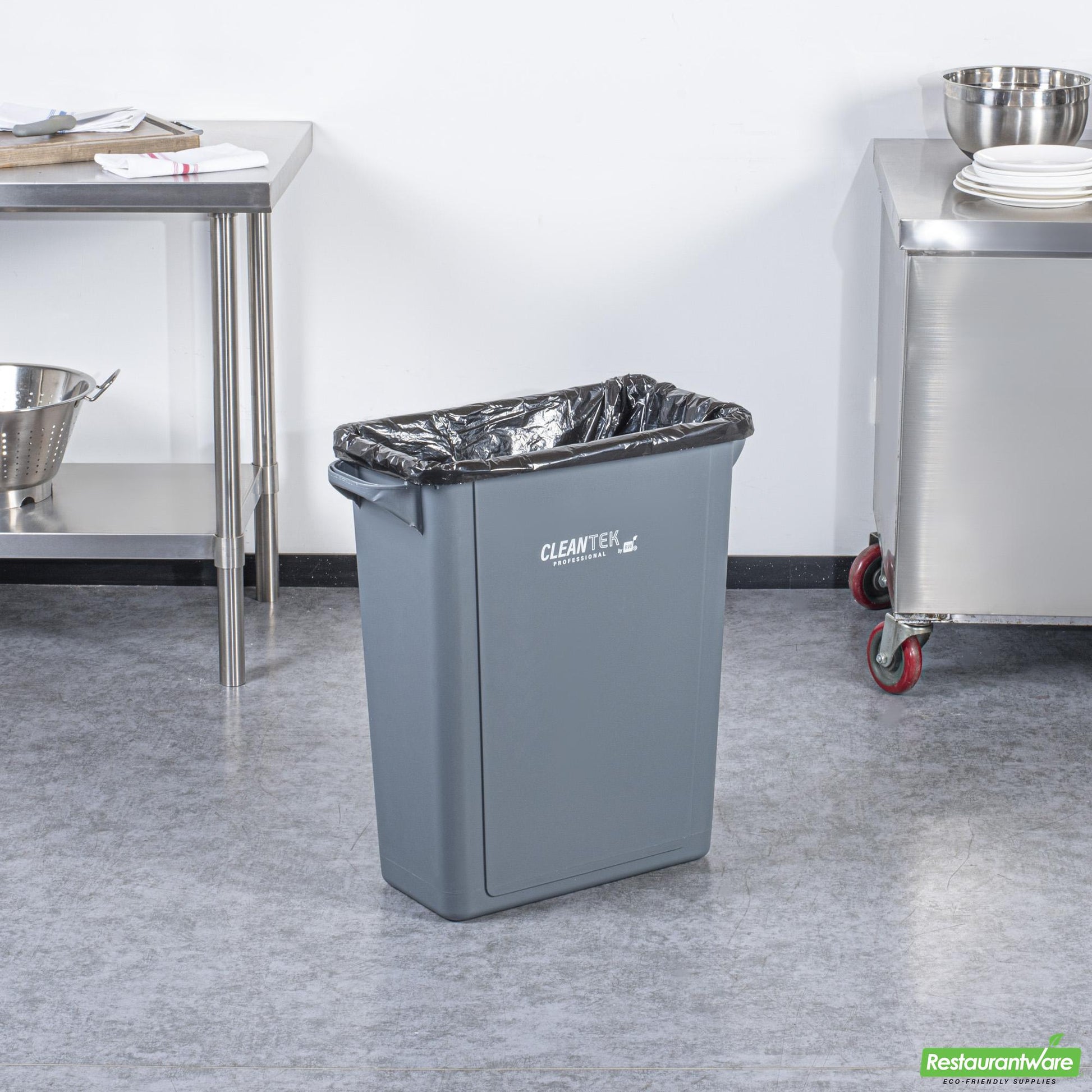 Wholesale Restaurantware Clean Tek Professional 15 Gal Rectangle Gray Plastic Slim Trash Can - with Handles - 24" X 10 3/4" X 24 3/4" - 1 Count Box- Bulk