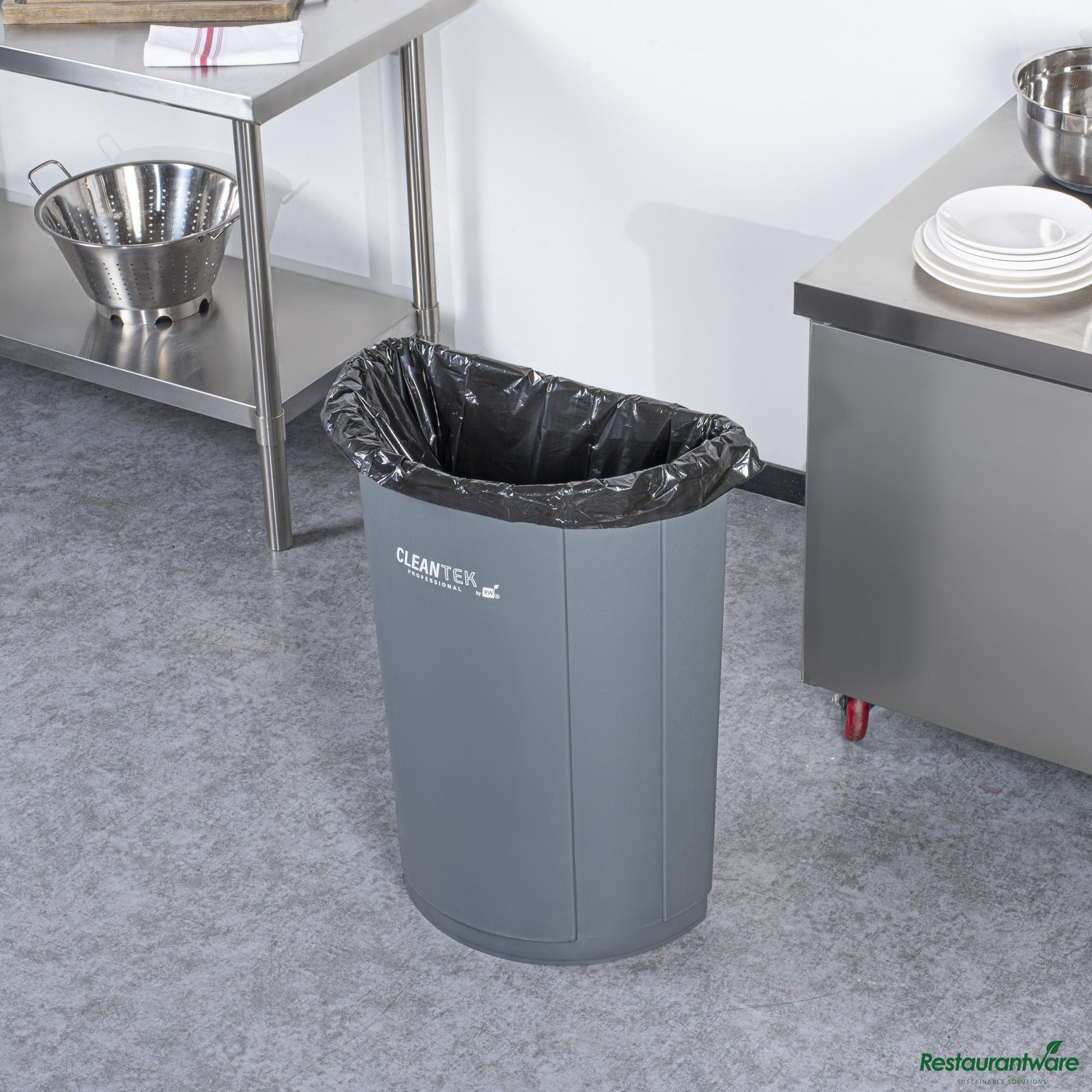 Wholesale Restaurantware 21 Gal Half Round Gray Plastic Trash Can - 20.7" X 11.7" X 28.3"- Bulk