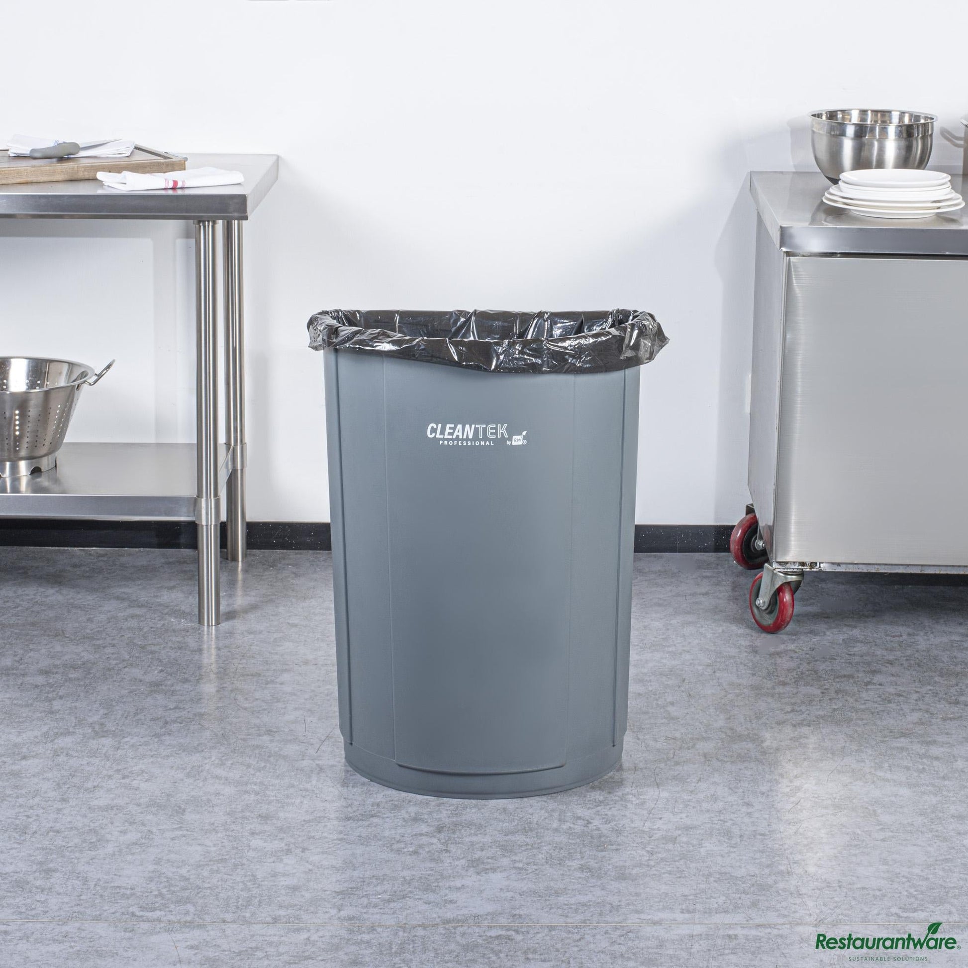Wholesale Restaurantware 21 Gal Half Round Gray Plastic Trash Can - 20.7" X 11.7" X 28.3"- Bulk