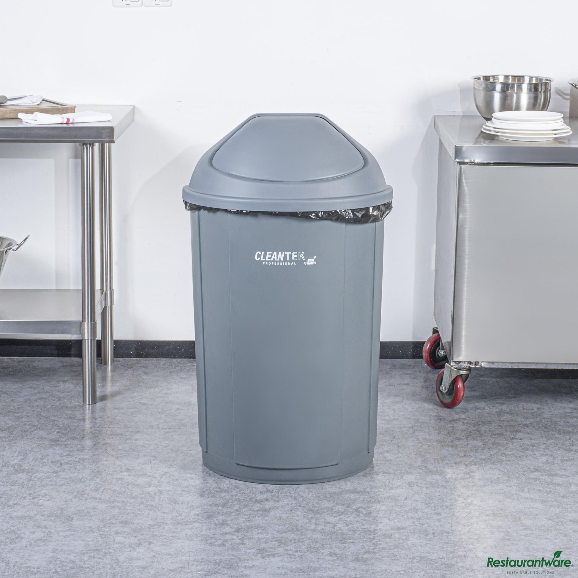 Wholesale Restaurantware Gray Dome Top Lid - with Swing Door, Fits 21 Gal Half Round Trash Can - 21.4" X 12.6" X 8.7"- Bulk