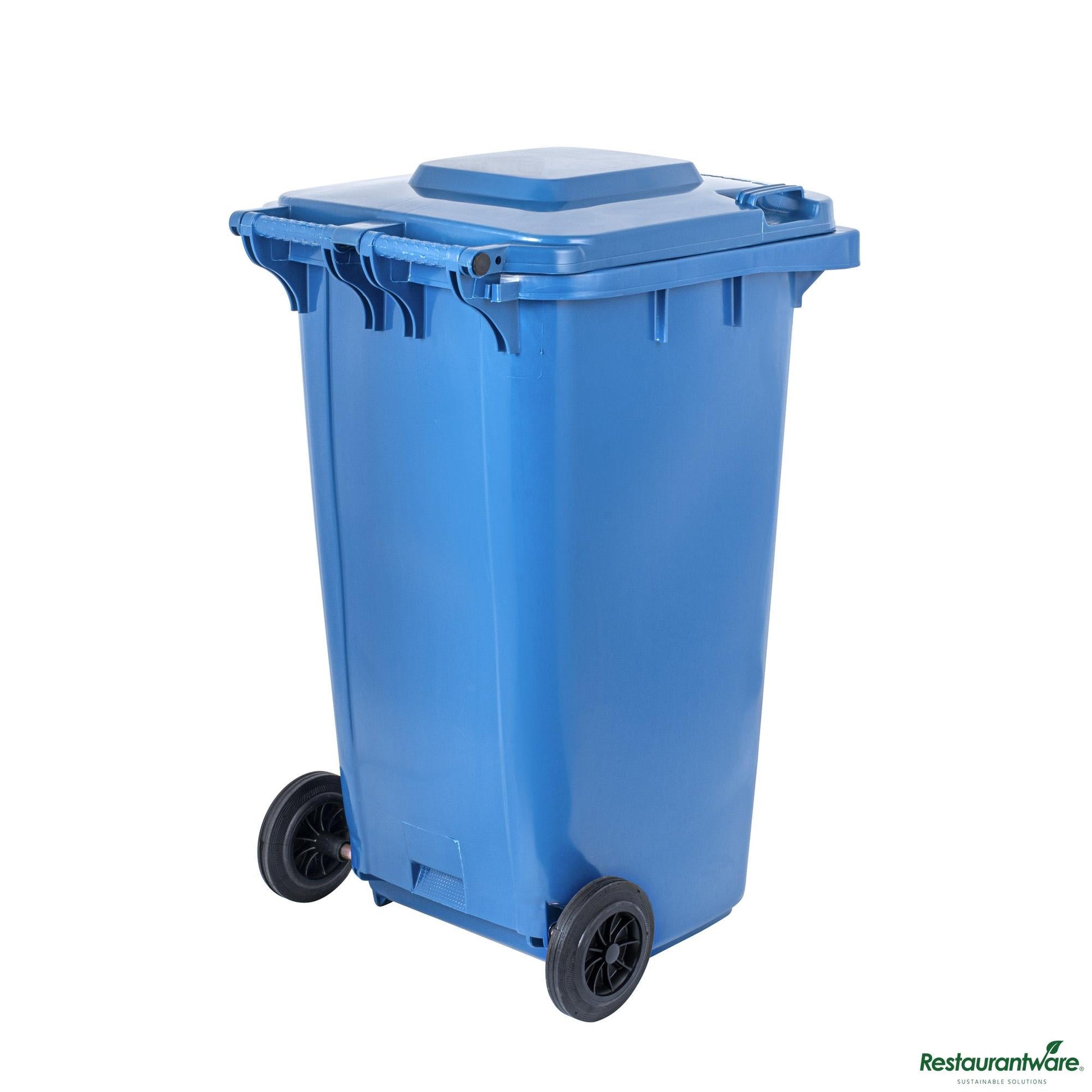 Wholesale Restaurantware 64 Gal Rectangle Blue Plastic Wheeled Trash Can - with Lid - 28.5" X 23" X 42.9"- Bulk