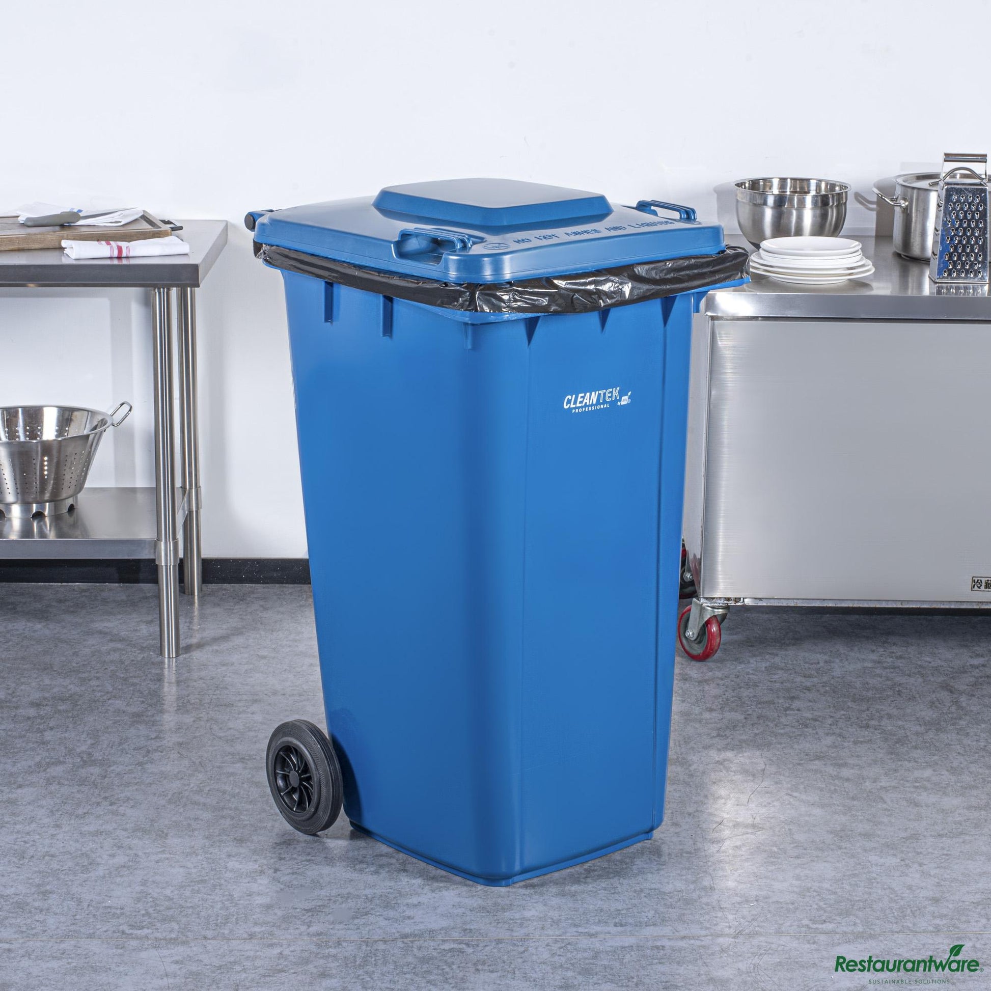 Wholesale Restaurantware 64 Gal Rectangle Blue Plastic Wheeled Trash Can - with Lid - 28.5" X 23" X 42.9"- Bulk
