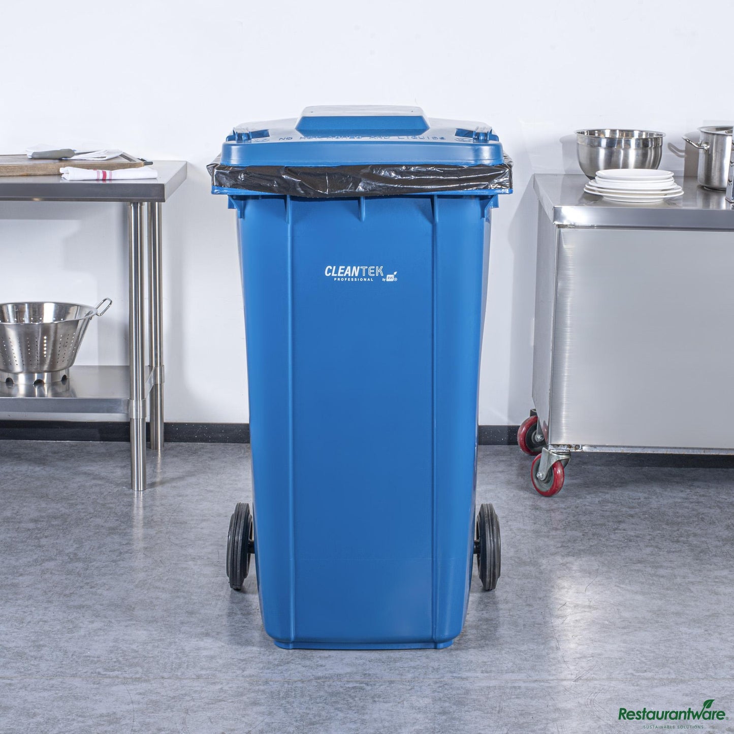 Wholesale Restaurantware 64 Gal Rectangle Blue Plastic Wheeled Trash Can - with Lid - 28.5" X 23" X 42.9"- Bulk