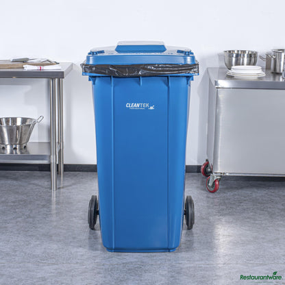 Wholesale Restaurantware 64 Gal Rectangle Blue Plastic Wheeled Trash Can - with Lid - 28.5" X 23" X 42.9"- Bulk