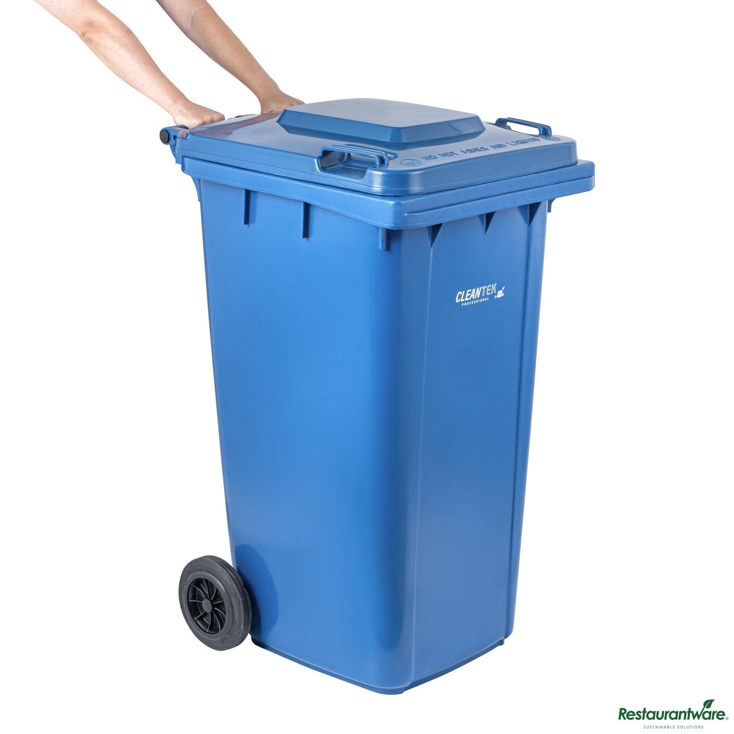 Wholesale Restaurantware 64 Gal Rectangle Blue Plastic Wheeled Trash Can - with Lid - 28.5" X 23" X 42.9"- Bulk