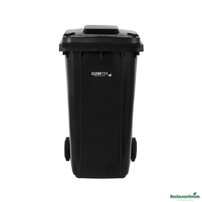 Wholesale Restaurantware 64 Gal Rectangle Black Plastic Wheeled Trash Can - with Lid - 28.5" X 23" X 42.9"- Bulk