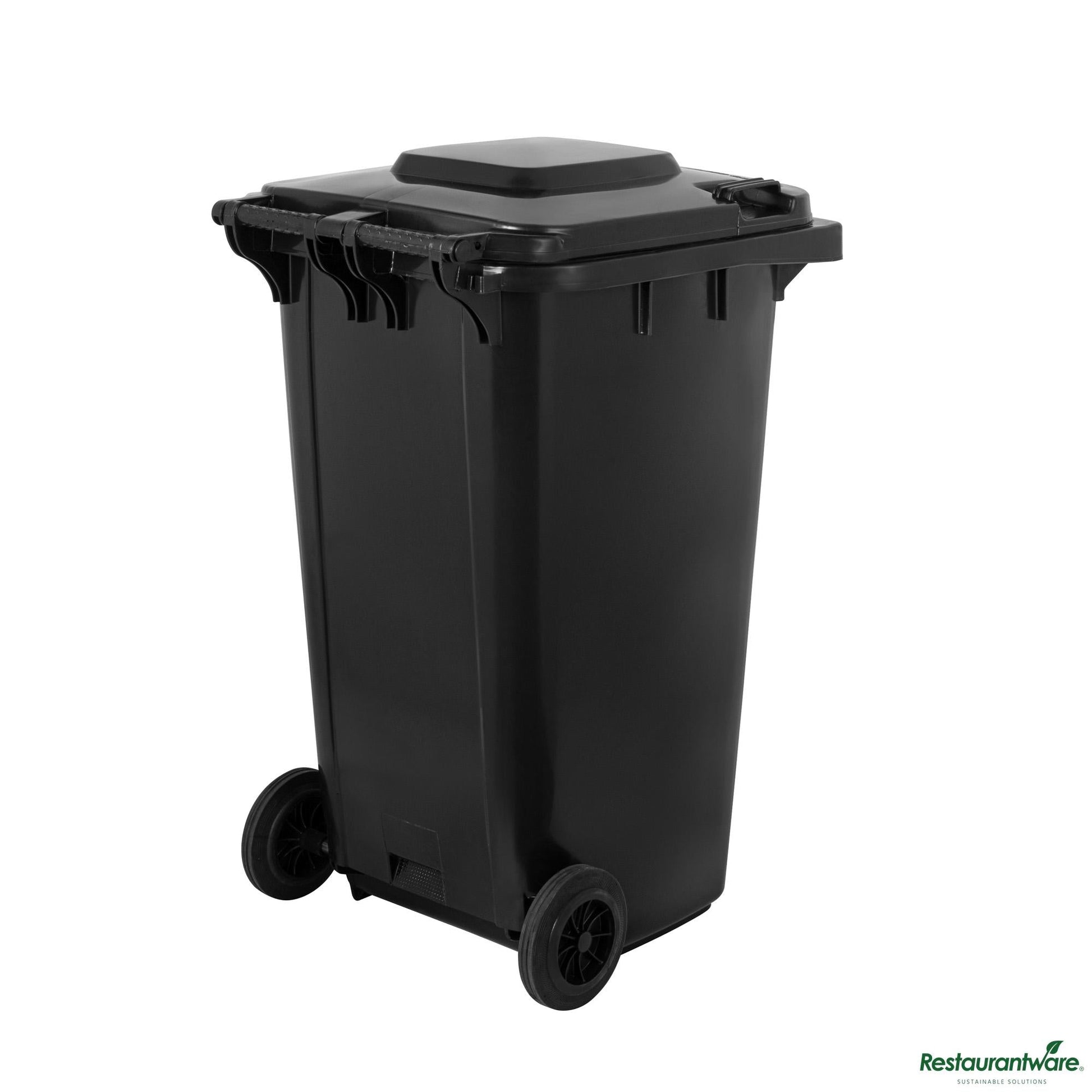 Wholesale Restaurantware 64 Gal Rectangle Black Plastic Wheeled Trash Can - with Lid - 28.5" X 23" X 42.9"- Bulk