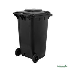 Wholesale Restaurantware 64 Gal Rectangle Black Plastic Wheeled Trash Can - with Lid - 28.5" X 23" X 42.9"- Bulk