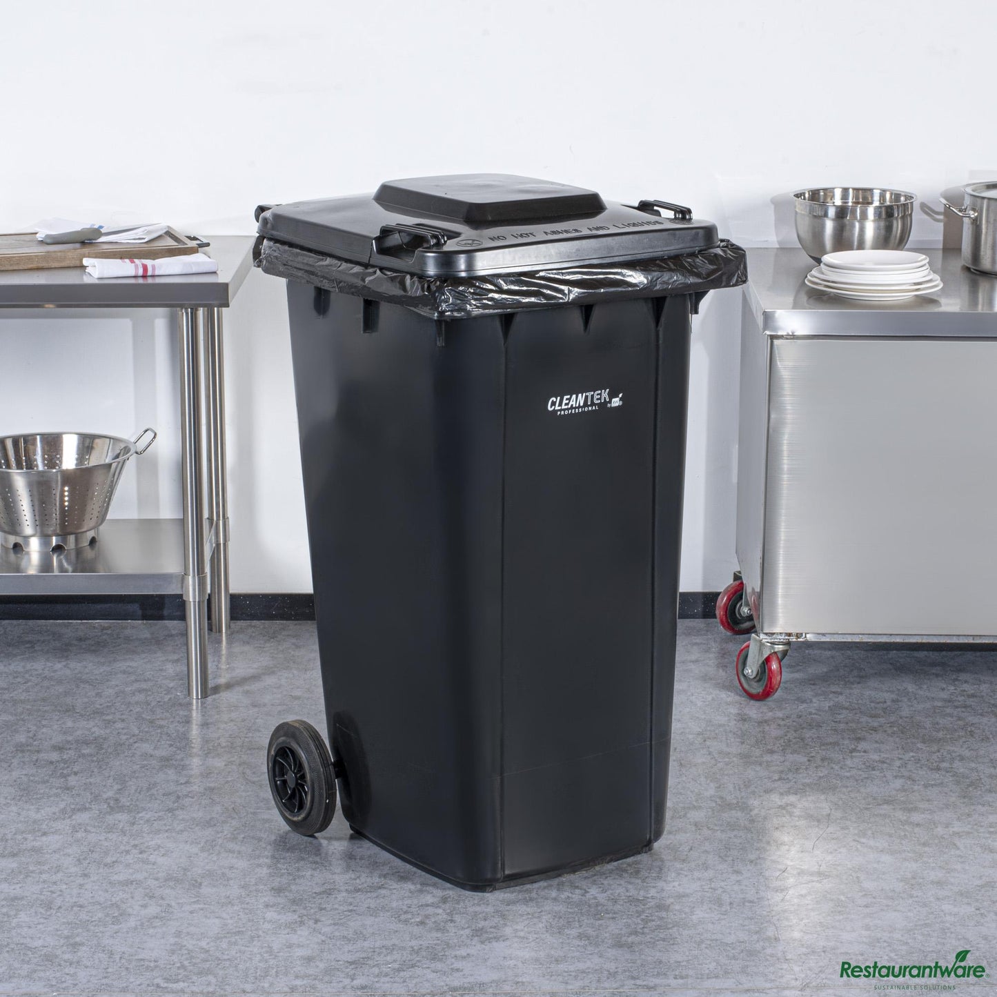 Wholesale Restaurantware 64 Gal Rectangle Black Plastic Wheeled Trash Can - with Lid - 28.5" X 23" X 42.9"- Bulk