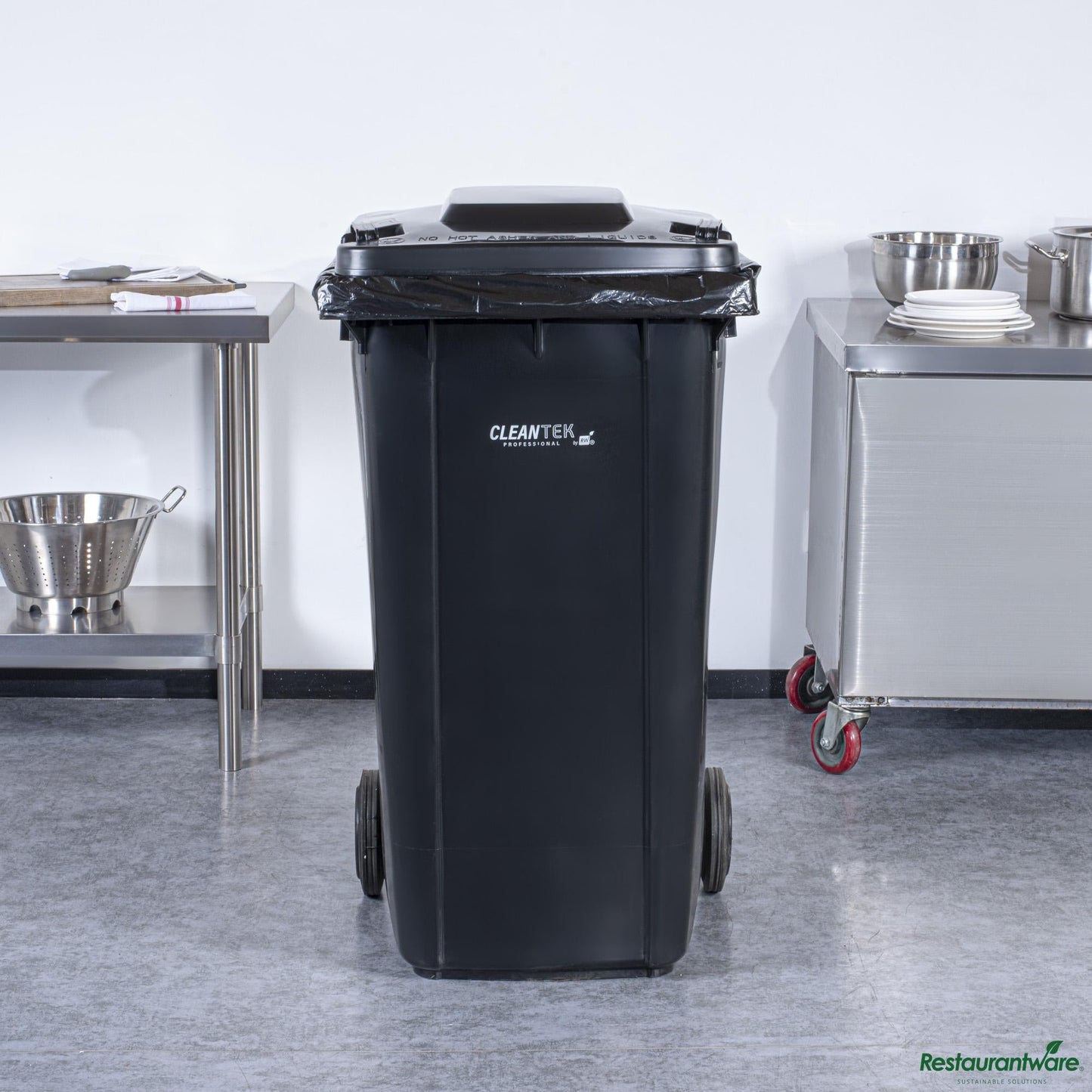 Wholesale Restaurantware 64 Gal Rectangle Black Plastic Wheeled Trash Can - with Lid - 28.5" X 23" X 42.9"- Bulk