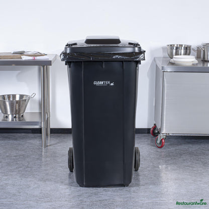 Wholesale Restaurantware 64 Gal Rectangle Black Plastic Wheeled Trash Can - with Lid - 28.5" X 23" X 42.9"- Bulk
