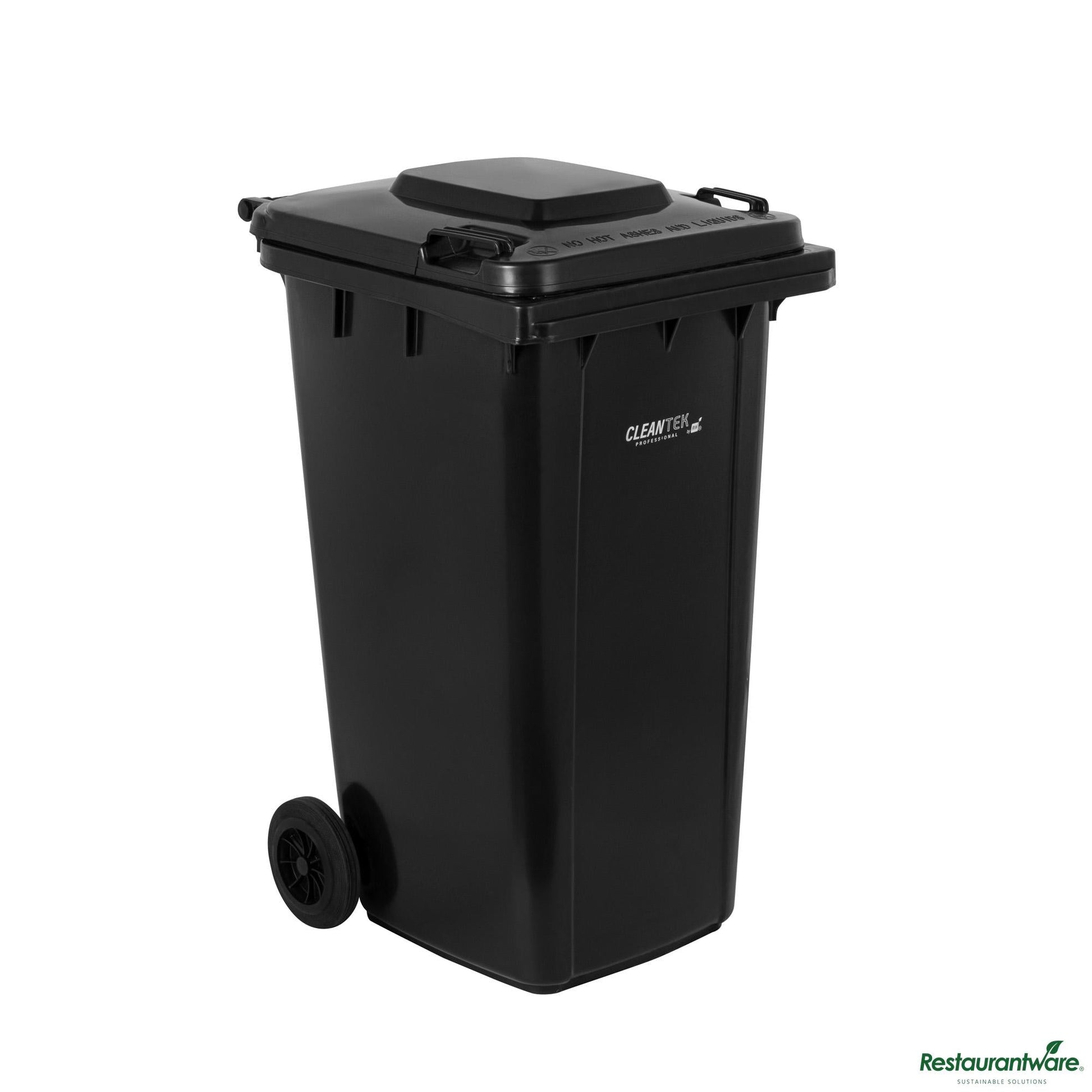 Wholesale Restaurantware 64 Gal Rectangle Black Plastic Wheeled Trash Can - with Lid - 28.5" X 23" X 42.9"- Bulk