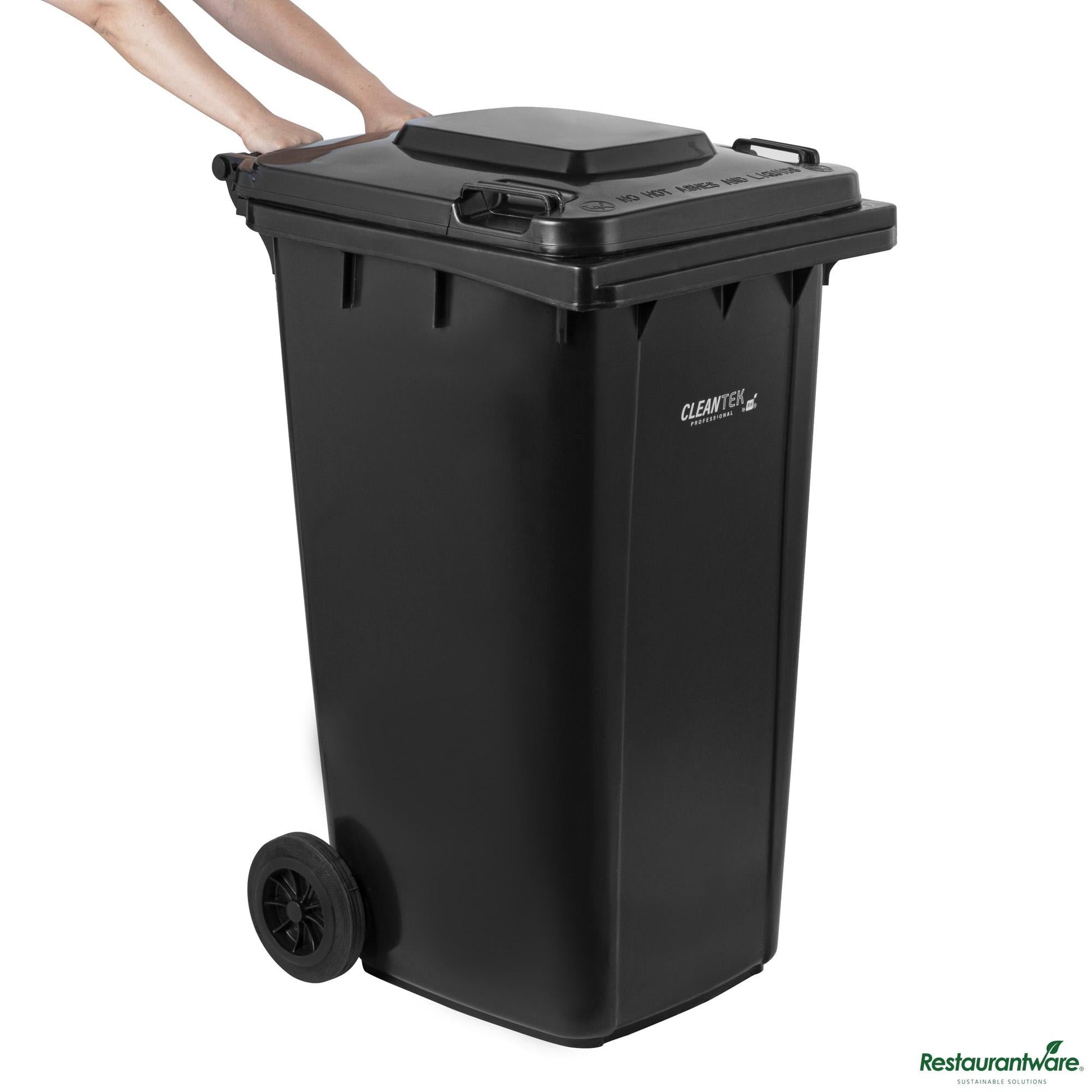 Wholesale Restaurantware 64 Gal Rectangle Black Plastic Wheeled Trash Can - with Lid - 28.5" X 23" X 42.9"- Bulk
