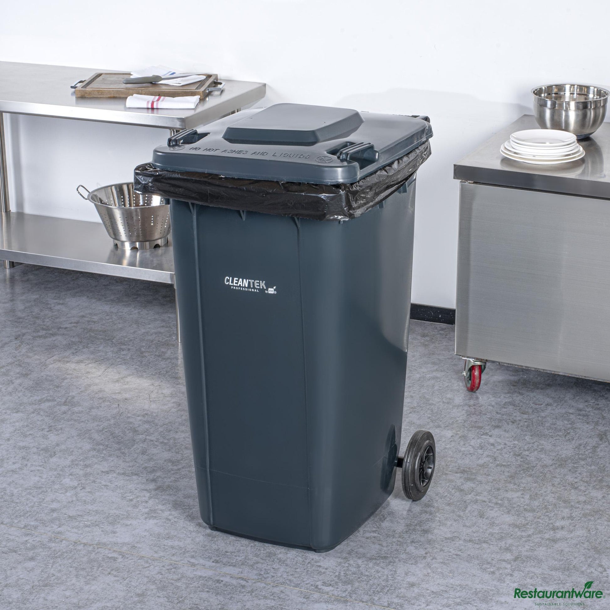 Wholesale Restaurantware 64 Gal Rectangle Gray Plastic Wheeled Trash Can - with Lid - 28.5" X 23" X 42.9"- Bulk