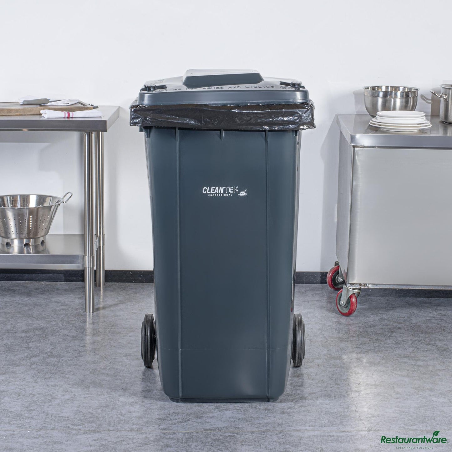 Wholesale Restaurantware 64 Gal Rectangle Gray Plastic Wheeled Trash Can - with Lid - 28.5" X 23" X 42.9"- Bulk