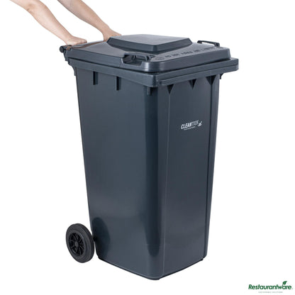 Wholesale Restaurantware 64 Gal Rectangle Gray Plastic Wheeled Trash Can - with Lid - 28.5" X 23" X 42.9"- Bulk