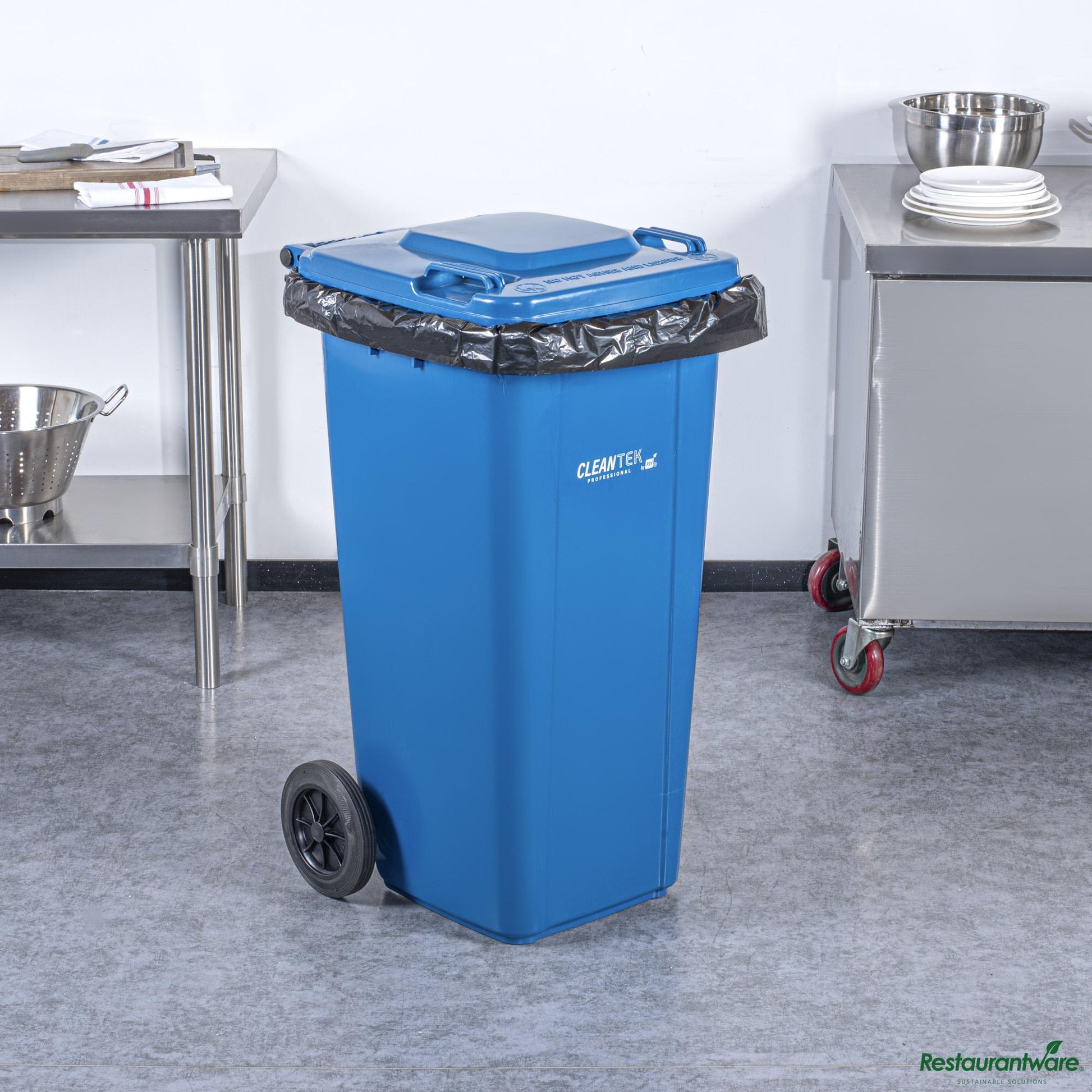 Wholesale Restaurantware 32 Gal Rectangle Blue Plastic Wheeled Trash Can - with Lid - 22.4" X 18.9" X 37.4"- Bulk
