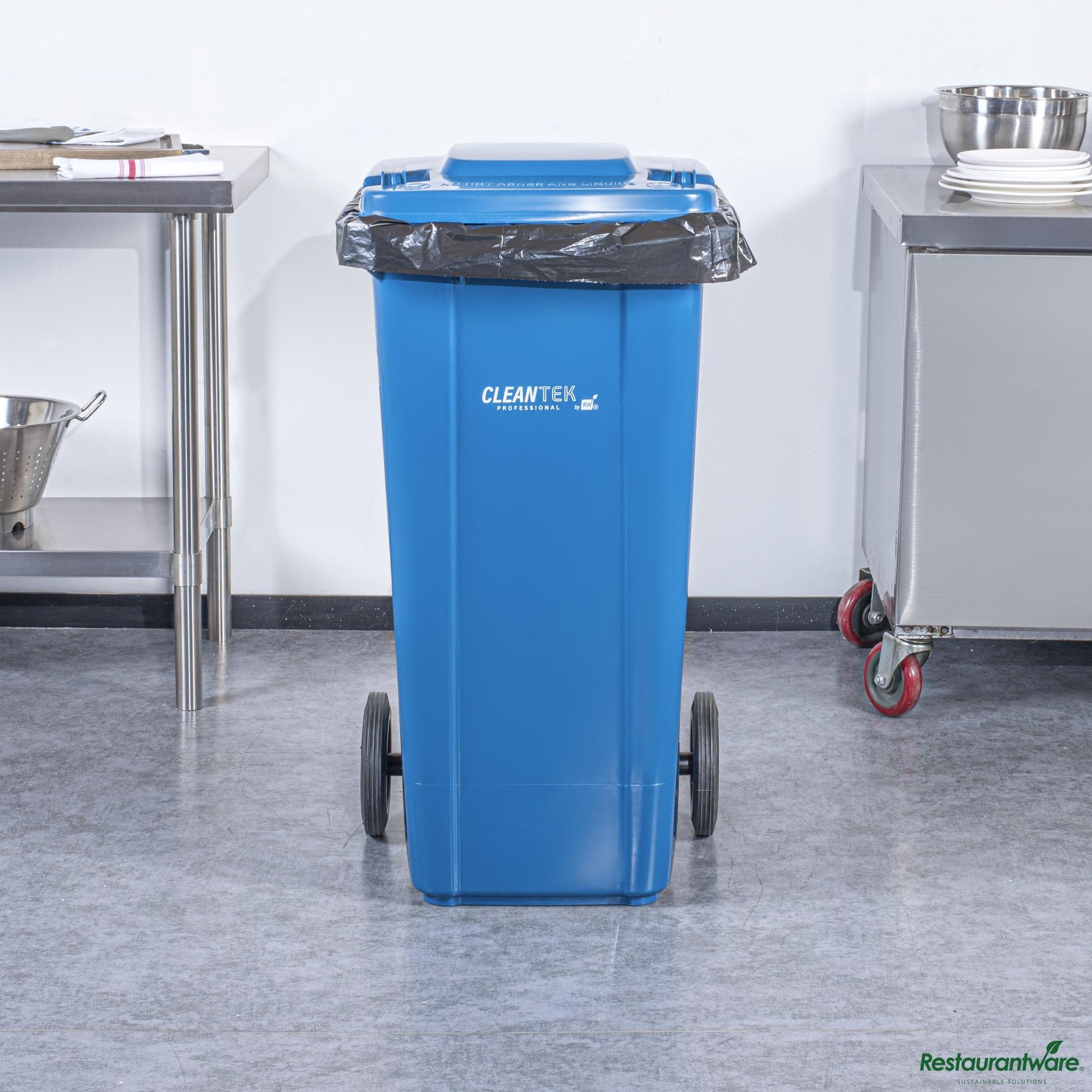 Wholesale Restaurantware 32 Gal Rectangle Blue Plastic Wheeled Trash Can - with Lid - 22.4" X 18.9" X 37.4"- Bulk