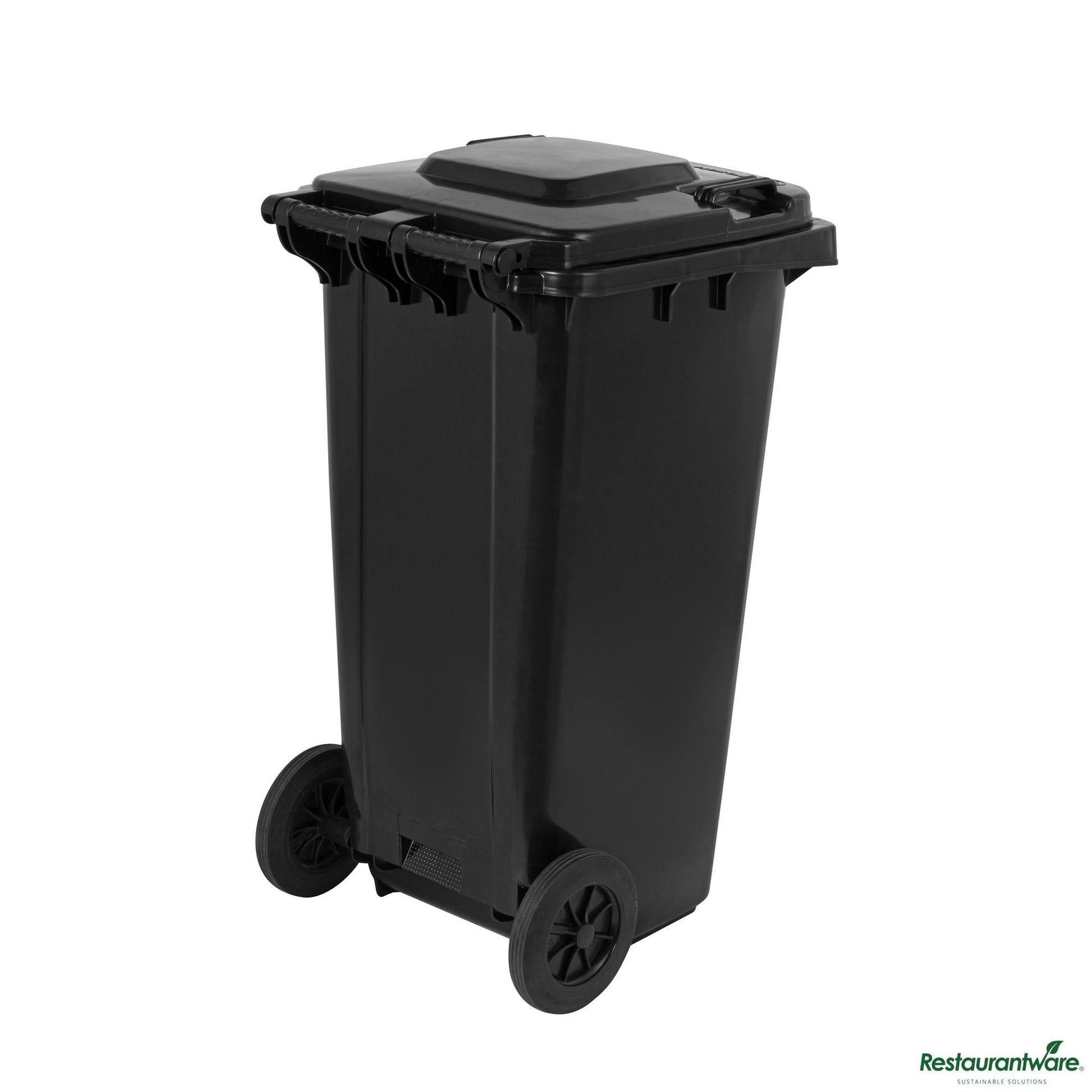 Wholesale Restaurantware 32 Gal Rectangle Black Plastic Wheeled Trash Can - with Lid - 22.4" X 18.9" X 37.4"- Bulk