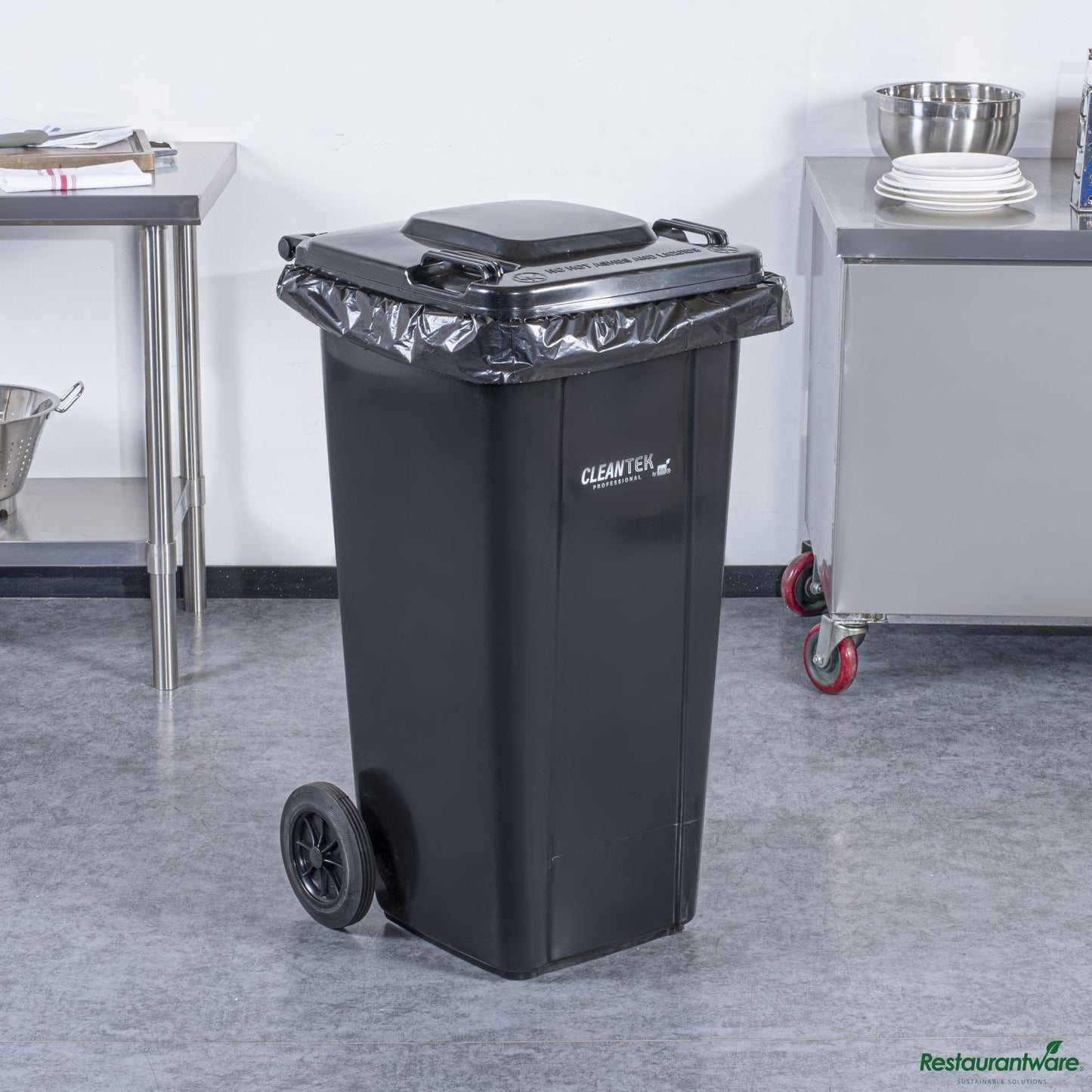 Wholesale Restaurantware 32 Gal Rectangle Black Plastic Wheeled Trash Can - with Lid - 22.4" X 18.9" X 37.4"- Bulk