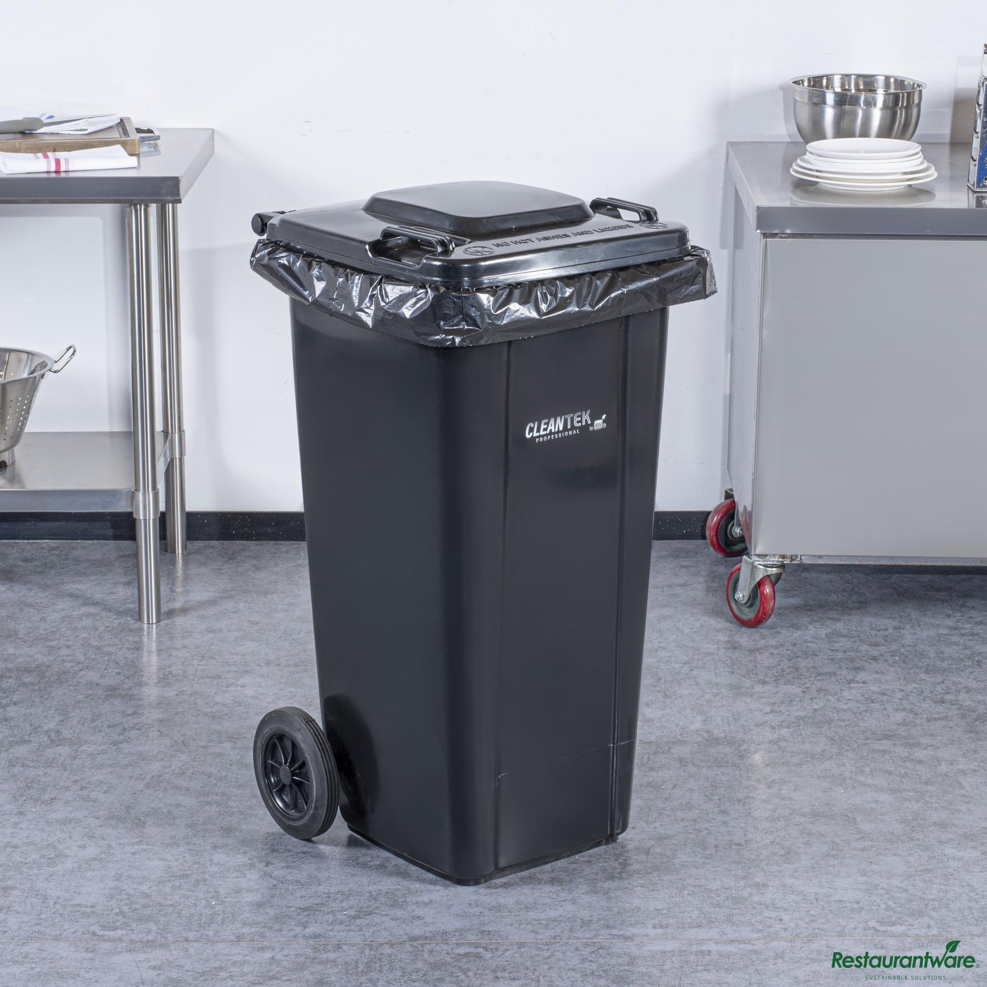 Wholesale Restaurantware 32 Gal Rectangle Black Plastic Wheeled Trash Can - with Lid - 22.4" X 18.9" X 37.4"- Bulk