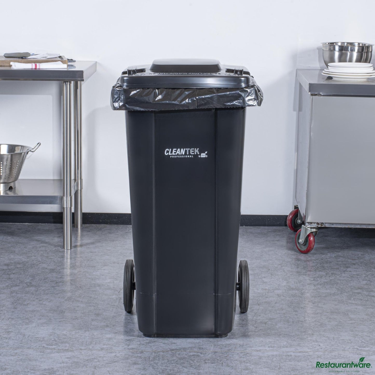 Wholesale Restaurantware 32 Gal Rectangle Black Plastic Wheeled Trash Can - with Lid - 22.4" X 18.9" X 37.4"- Bulk