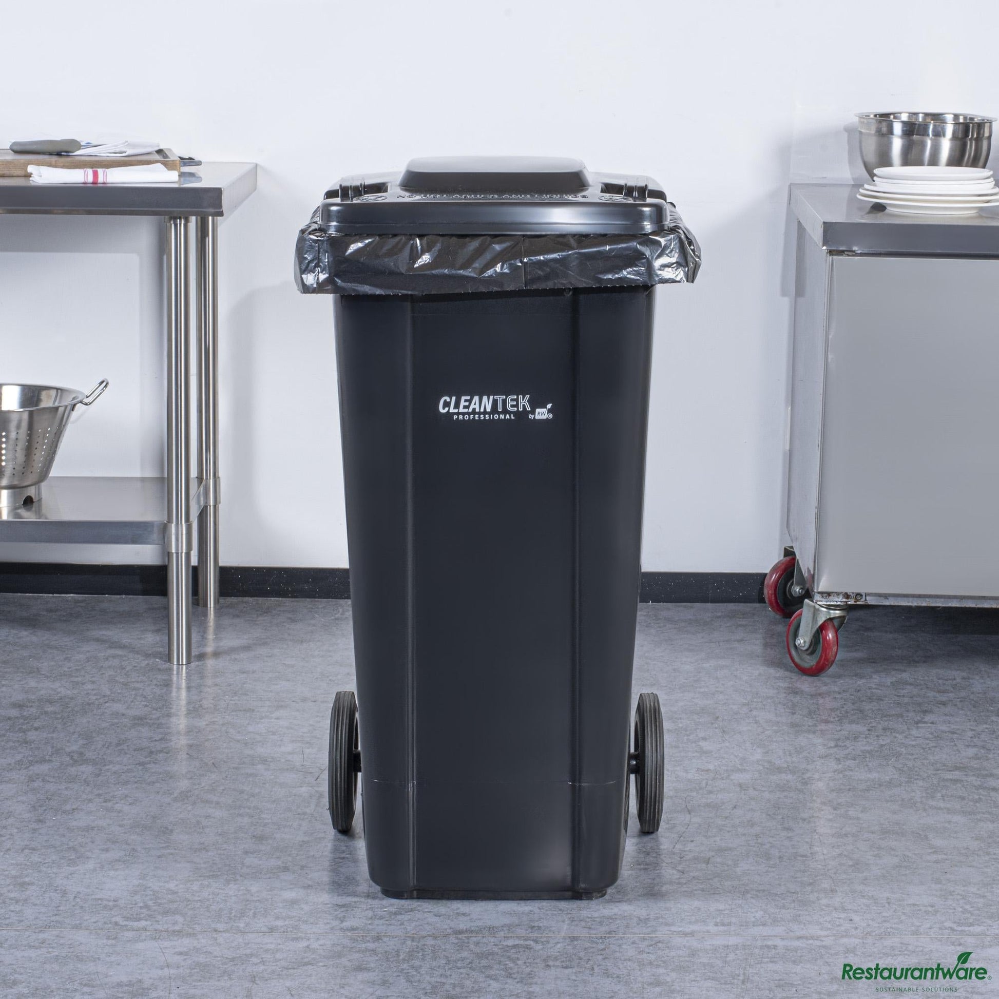 Wholesale Restaurantware 32 Gal Rectangle Black Plastic Wheeled Trash Can - with Lid - 22.4" X 18.9" X 37.4"- Bulk