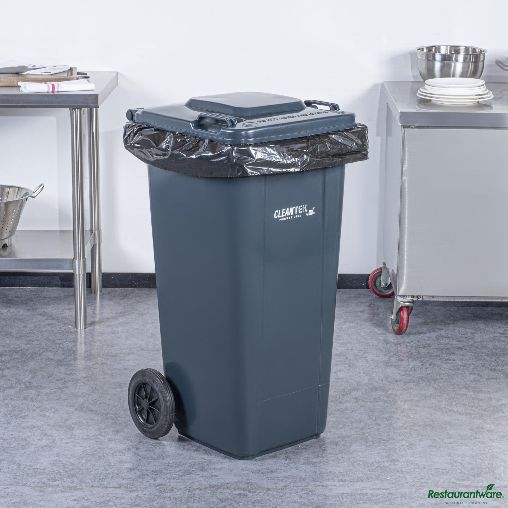 Wholesale Restaurantware 32 Gal Rectangle Gray Plastic Wheeled Trash Can - with Lid - 22.4" X 18.9" X 37.4"- Bulk