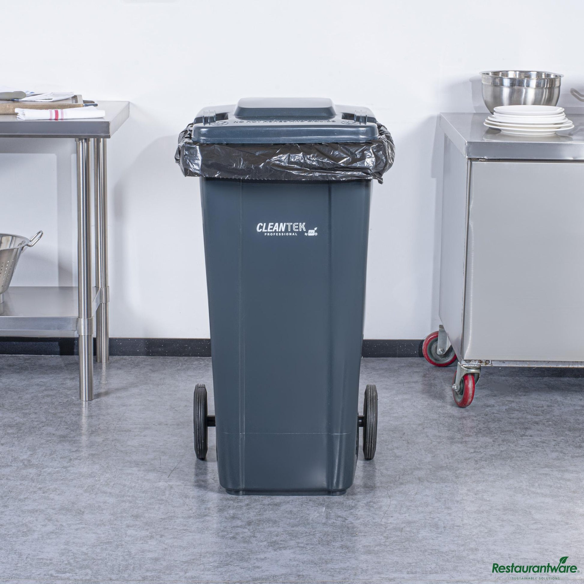 Wholesale Restaurantware 32 Gal Rectangle Gray Plastic Wheeled Trash Can - with Lid - 22.4" X 18.9" X 37.4"- Bulk