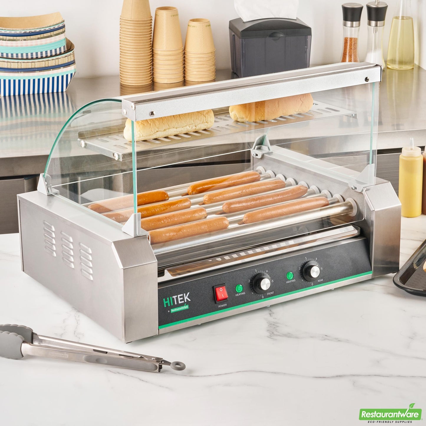 Wholesale Restaurantware Hi Tek Hot Dog Roller Grill Warmer - Fits 24 and 4 Buns, Curved Glass, Sneeze Guard - 1 Count Box- Bulk
