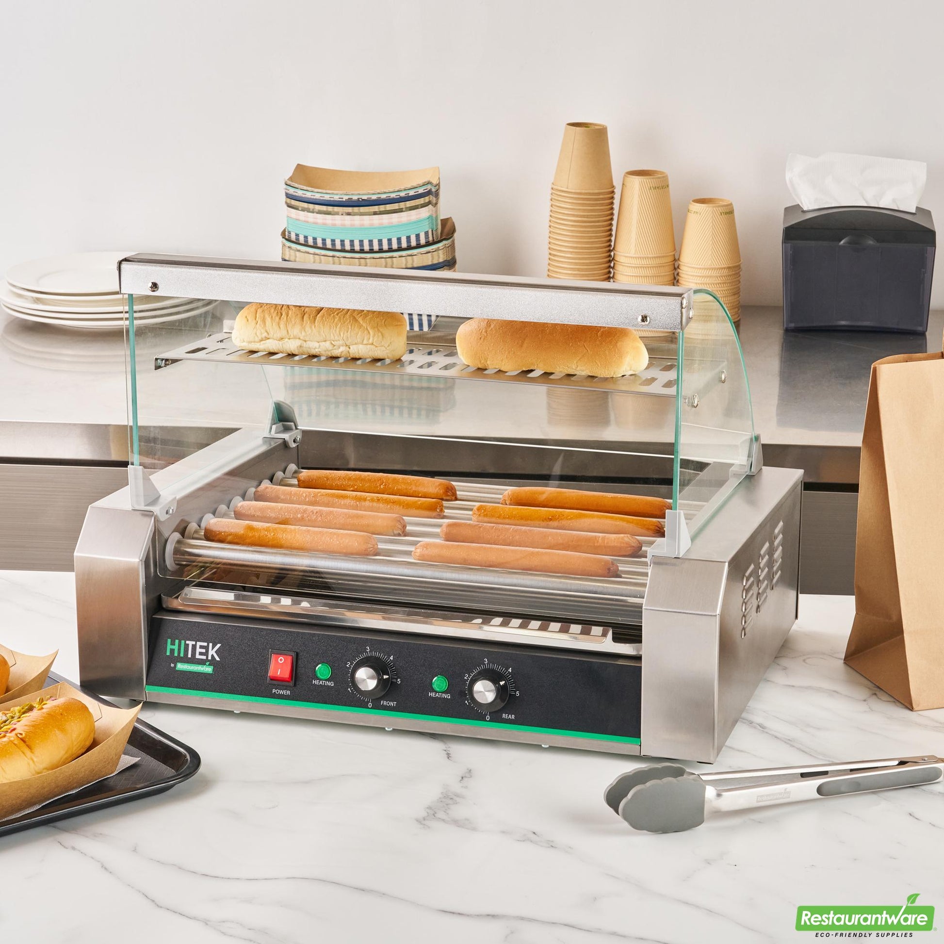 Wholesale Restaurantware Hi Tek Hot Dog Roller Grill Warmer - Fits 24 and 4 Buns, Curved Glass, Sneeze Guard - 1 Count Box- Bulk