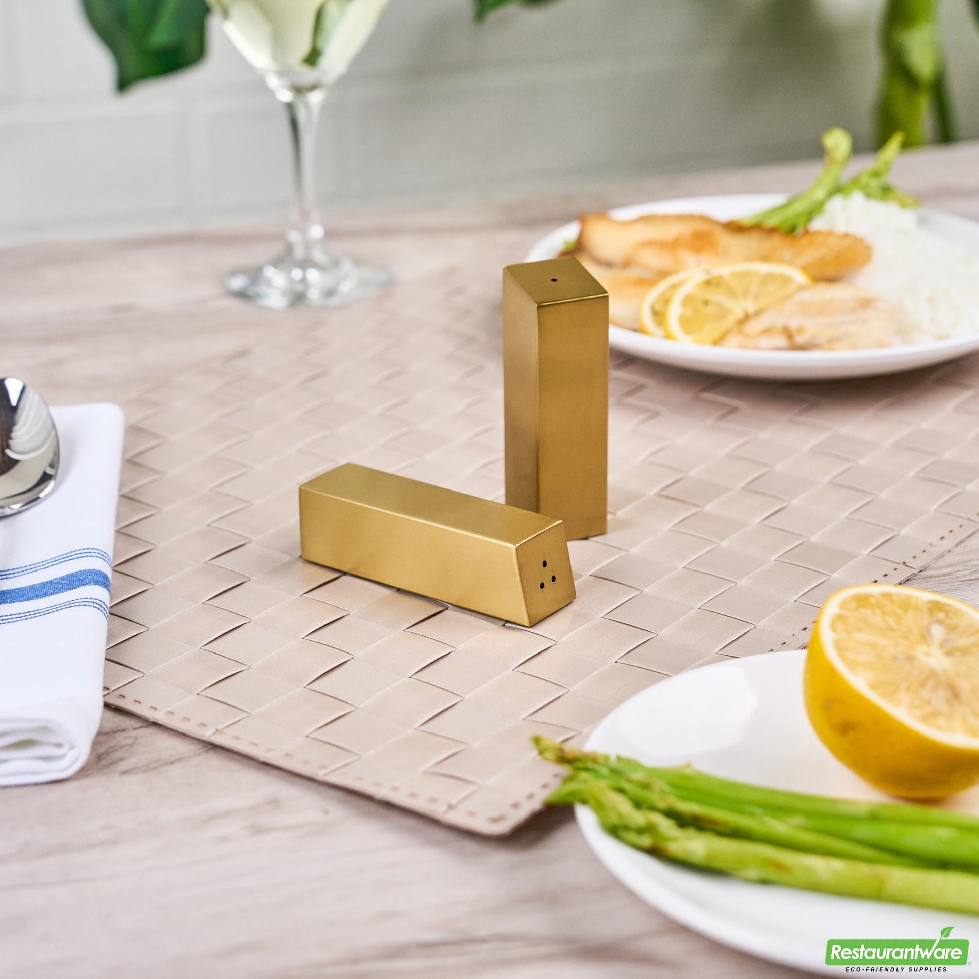 Wholesale Restaurantware 2 Oz Gold Stainless Steel Rectangular Salt and Pepper Shaker Set - 1" X 1" X 3 1/4" - 1 Count Box- Bulk
