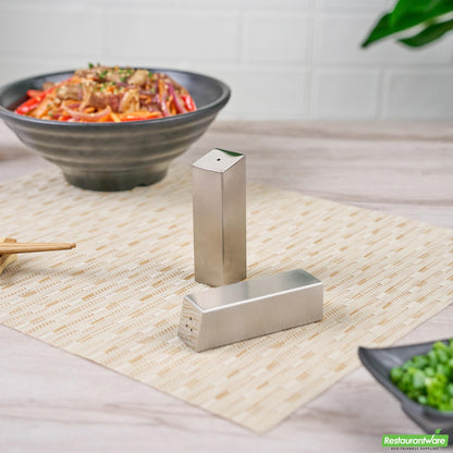 Wholesale Restaurantware 2 Oz Sliver Stainless Steel Rectangular Salt and Pepper Shaker Set - 1" X 1" X 3 1/4" - 1 Count Box- Bulk