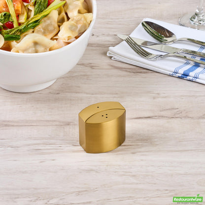 Wholesale Restaurantware 4 Oz Gold Stainless Steel Embracing Salt and Pepper Shaker Set - 2.3 oz/2.1 Oz - 2 1/2" X 2" X 1 3/4" - 1 Count Box- Bulk