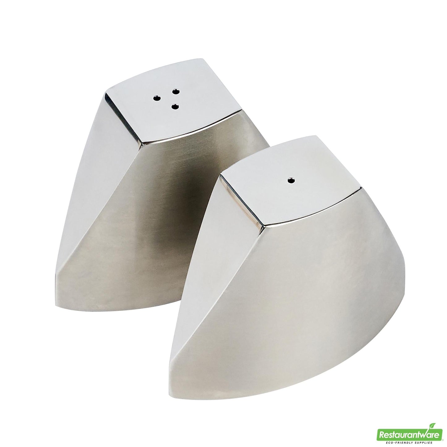Wholesale Restaurantware 3 Oz Silver Stainless Steel Wedge Salt and Pepper Shaker Set - 3 1/4" X 1" X 2 3/4"- Bulk