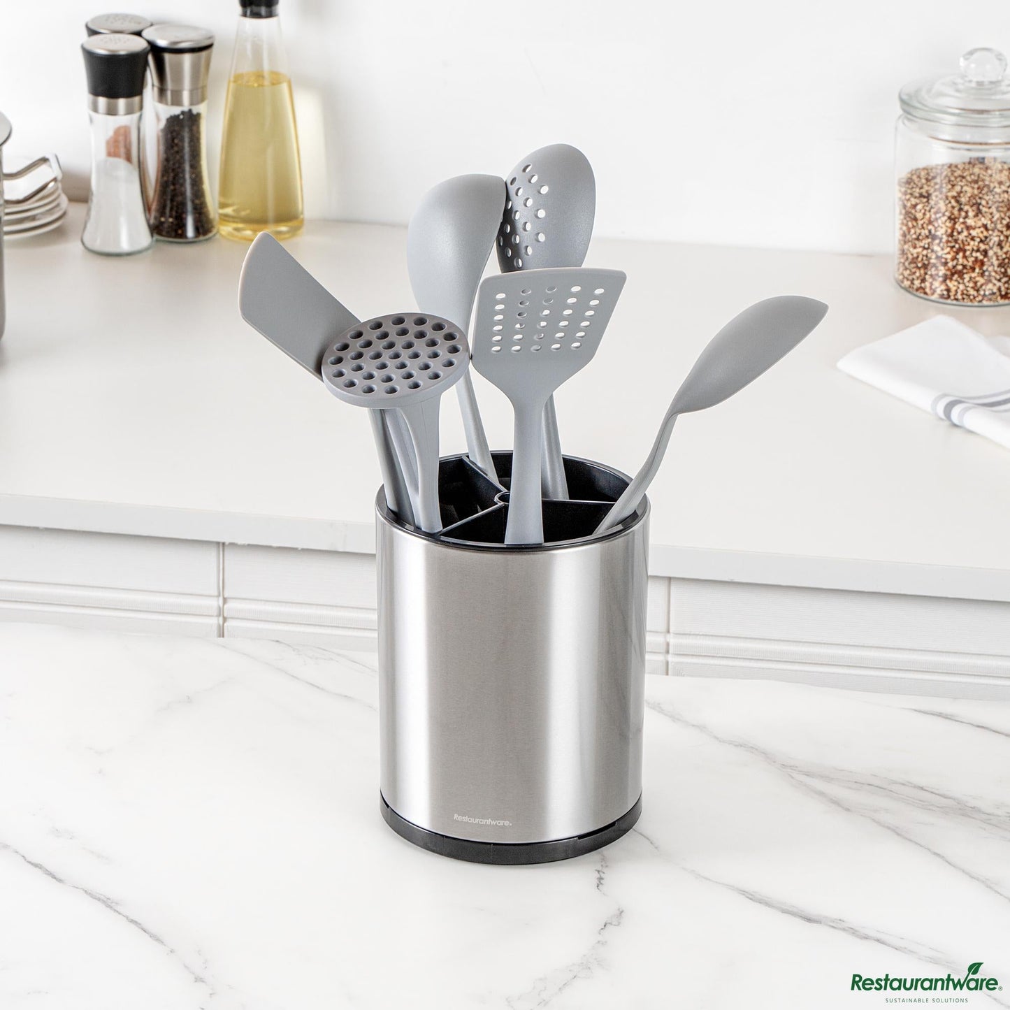Wholesale Restaurantware Stainless Steel Utensil Holder - 3 Compartments, Rotating - 6.3" X 6.3" X 8"- Bulk