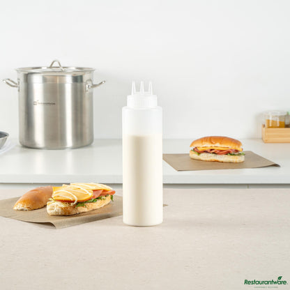 Wholesale Restaurantware 32 Oz Clear Plastic All-Purpose Squeeze Bottle - Triple Dispersion Tip - 3.1" X 3.1" X 10.8"- Bulk