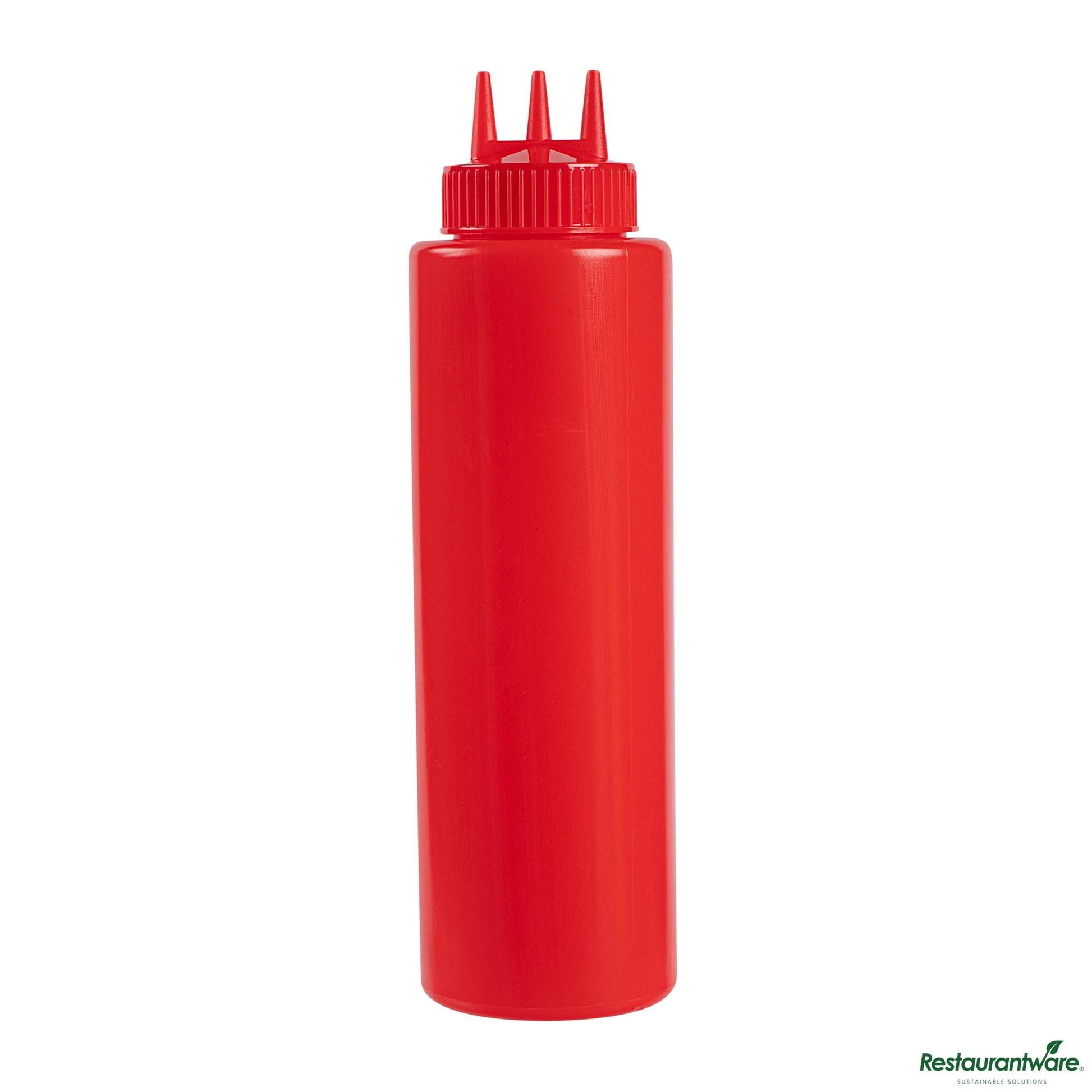 Wholesale Restaurantware 32 Oz Red Plastic Ketchup Squeeze Bottle - with Triple Dispersion Tip - 3.1" X 3.1" X 10.8"- Bulk