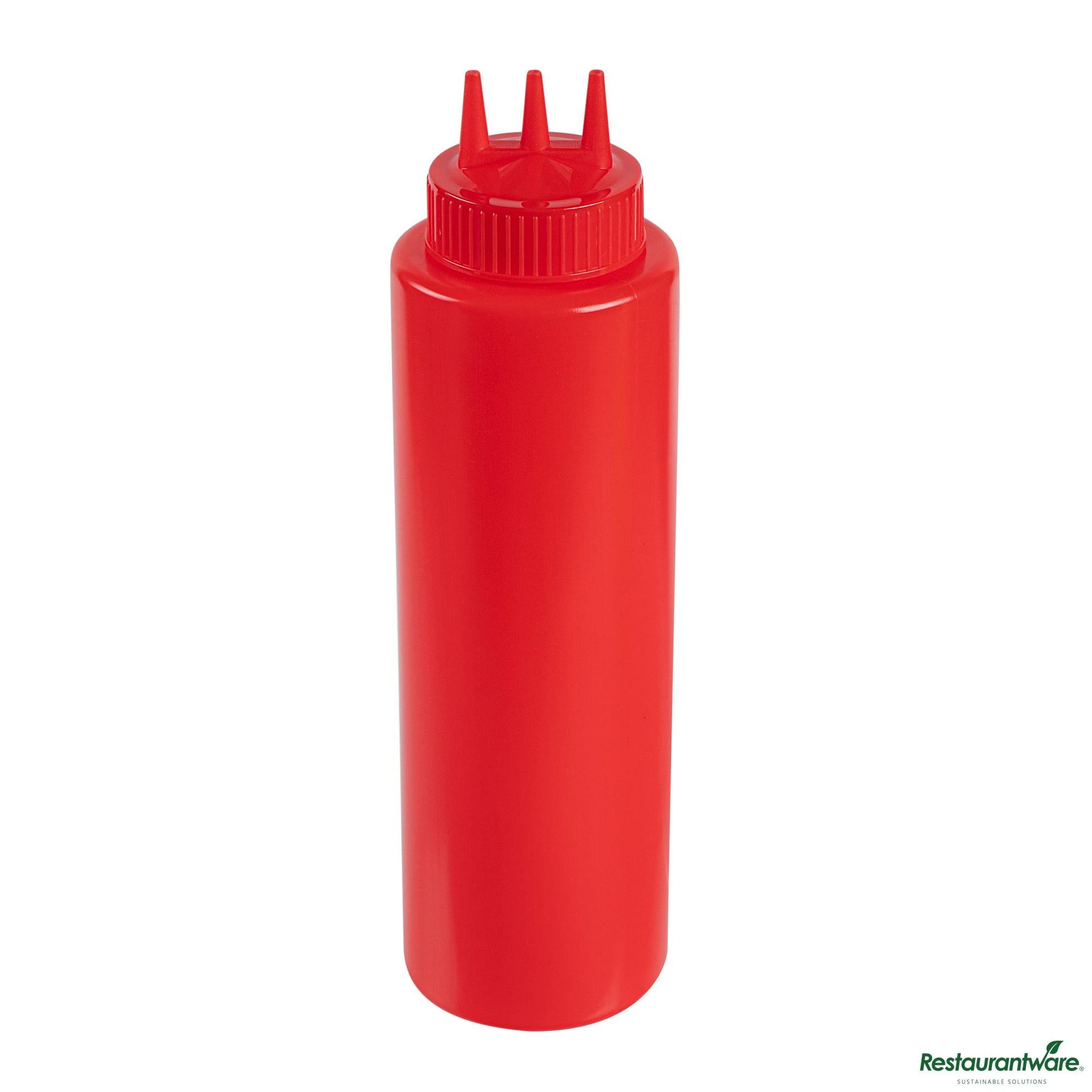 Wholesale Restaurantware 32 Oz Red Plastic Ketchup Squeeze Bottle - with Triple Dispersion Tip - 3.1" X 3.1" X 10.8"- Bulk