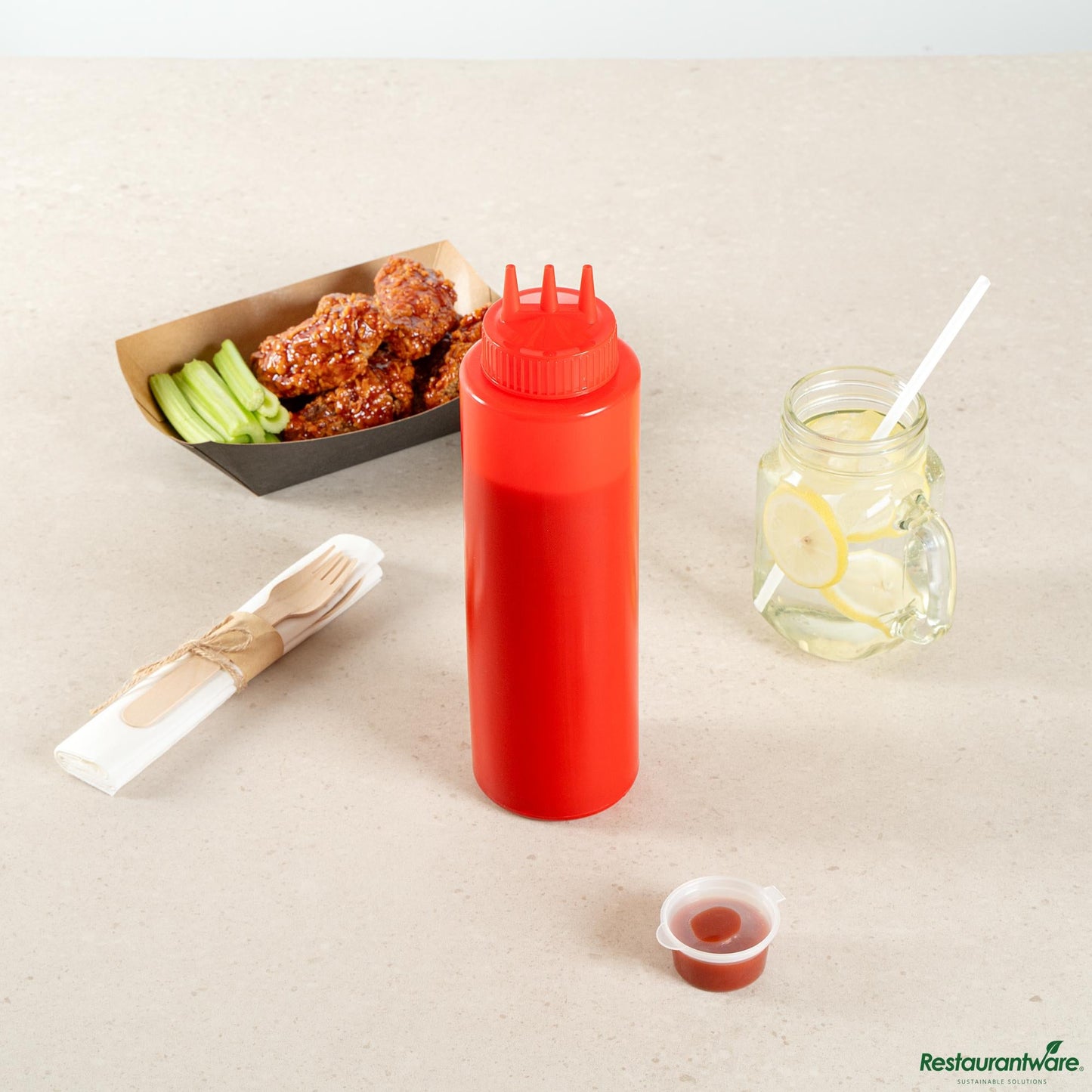 Wholesale Restaurantware 32 Oz Red Plastic Ketchup Squeeze Bottle - with Triple Dispersion Tip - 3.1" X 3.1" X 10.8"- Bulk