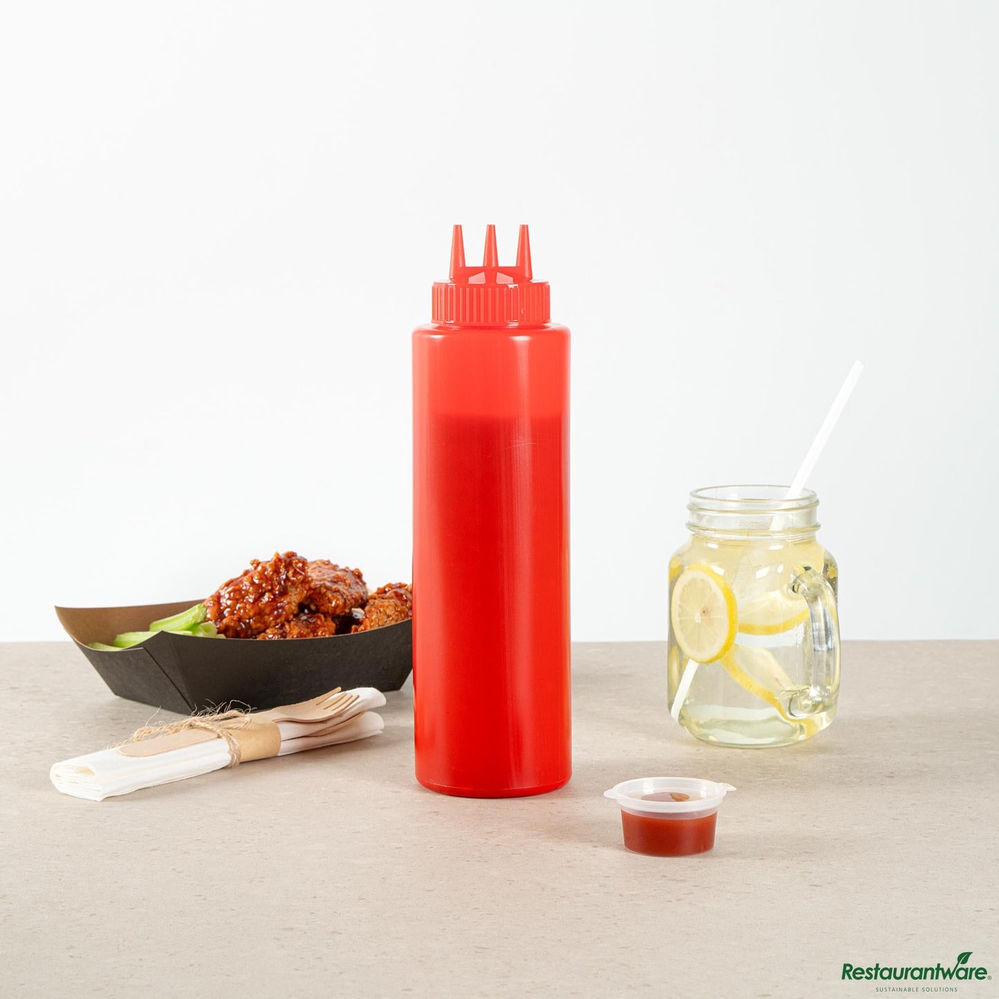 Wholesale Restaurantware 32 Oz Red Plastic Ketchup Squeeze Bottle - with Triple Dispersion Tip - 3.1" X 3.1" X 10.8"- Bulk