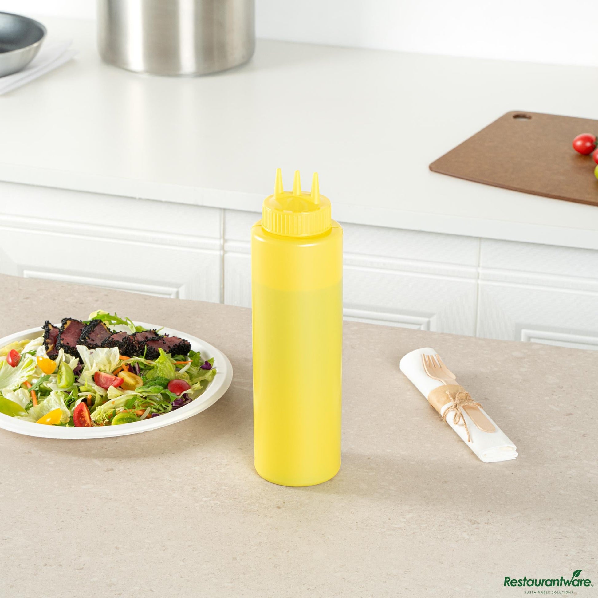 Wholesale Restaurantware 32 Oz Yellow Plastic Mustard Squeeze Bottle-with Triple Dispersion Tip - 3.1" X 3.1" X 10.8"- Bulk