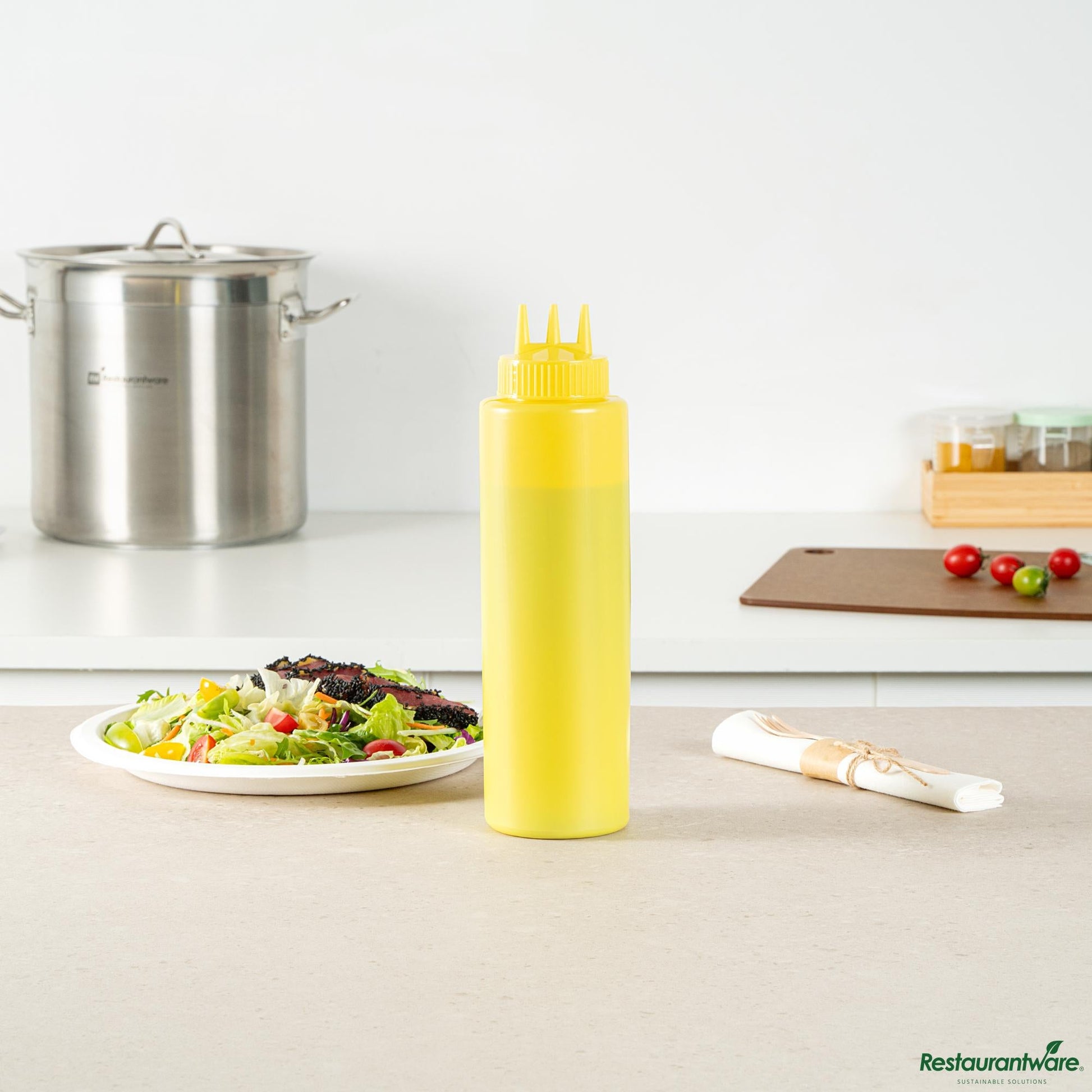 Wholesale Restaurantware 32 Oz Yellow Plastic Mustard Squeeze Bottle-with Triple Dispersion Tip - 3.1" X 3.1" X 10.8"- Bulk