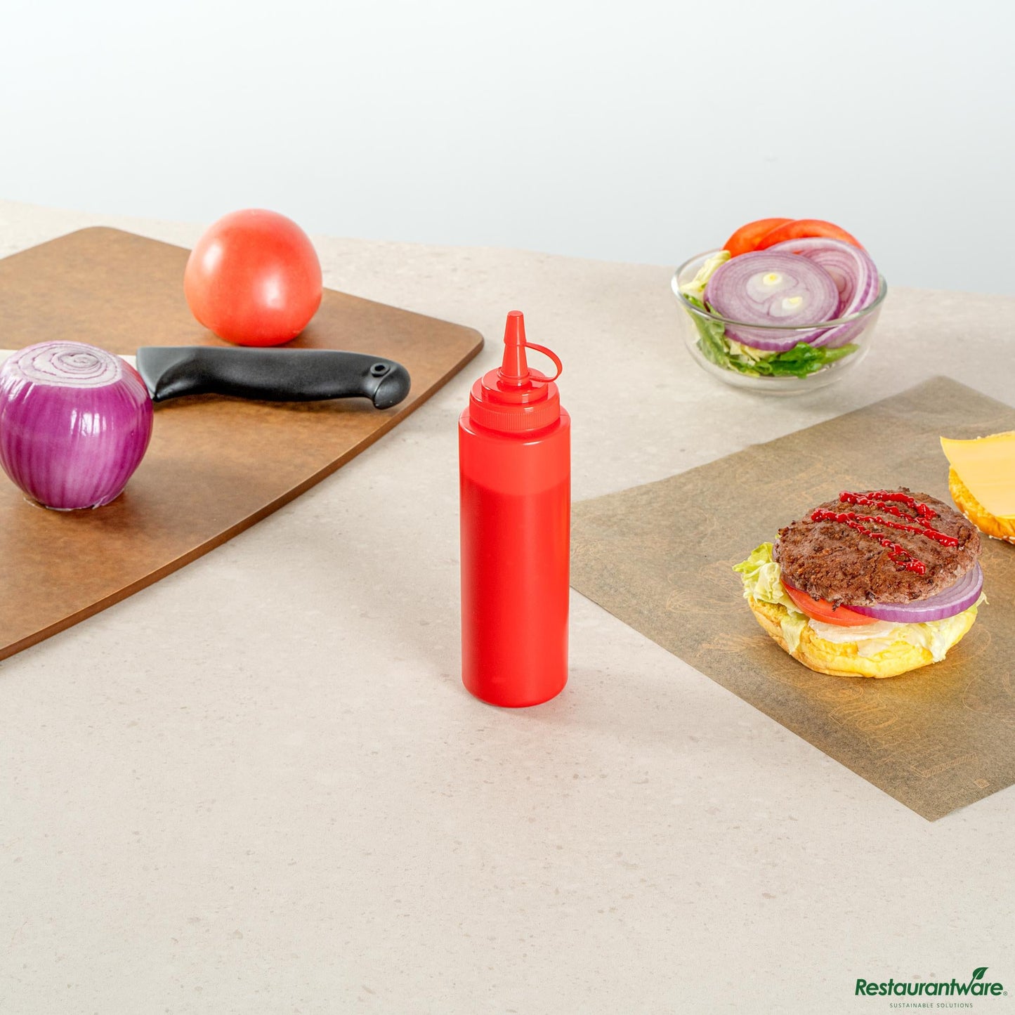 Wholesale Restaurantware 8 Oz Red Plastic Squeeze Bottle - with Cap, Wide Mouth - 2" X 2" X 7.3"- Bulk